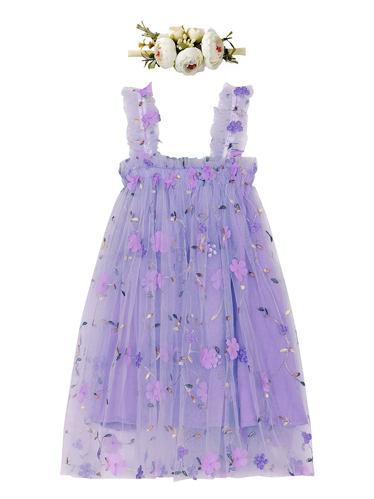 Purple flower embroidered girls' dress. Purple Tulle Dress, embroidered flowers, party dress, bridesmaid dress, flower girl dress.