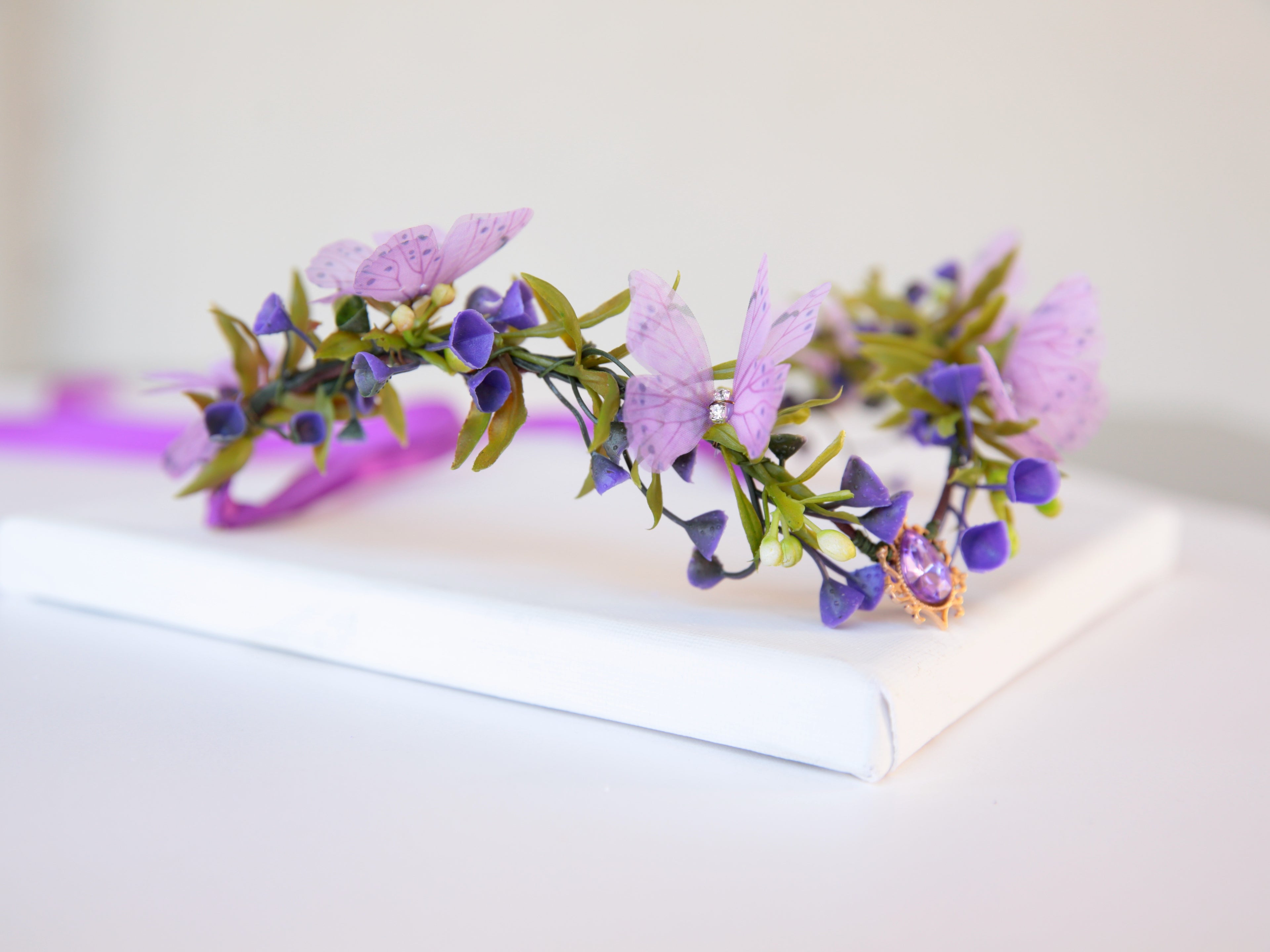 Fairy Crown, Beautiful Elven Tiara Pink Butterflies and Purple Flowers. Woodland theme, fairy party bridesmaid headdress.