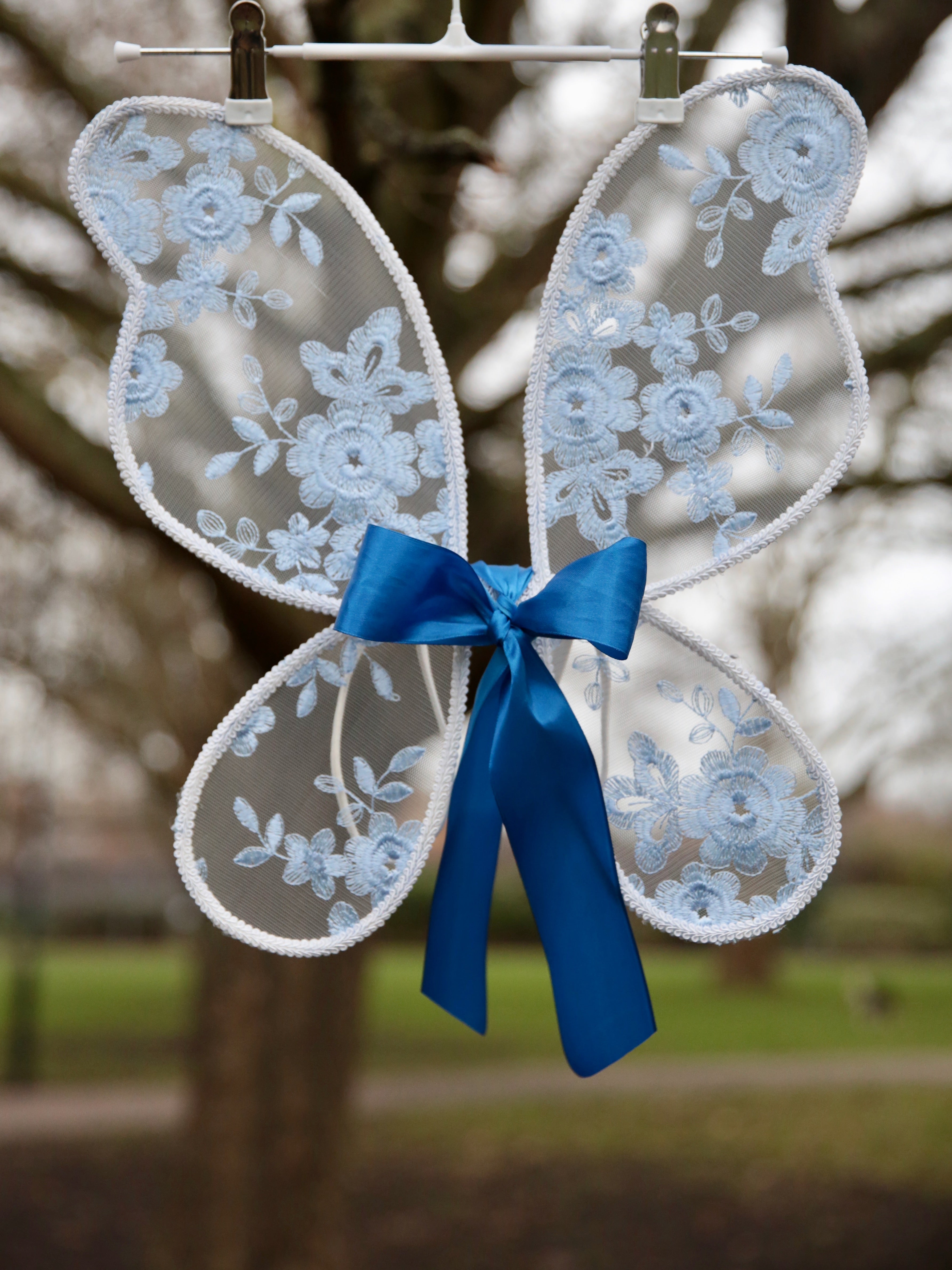 Blue Fairy Wings. Handcrafted Baby Blue embroidered butterfly wings for children with an optional free satin bow. Flower girls, fairy party