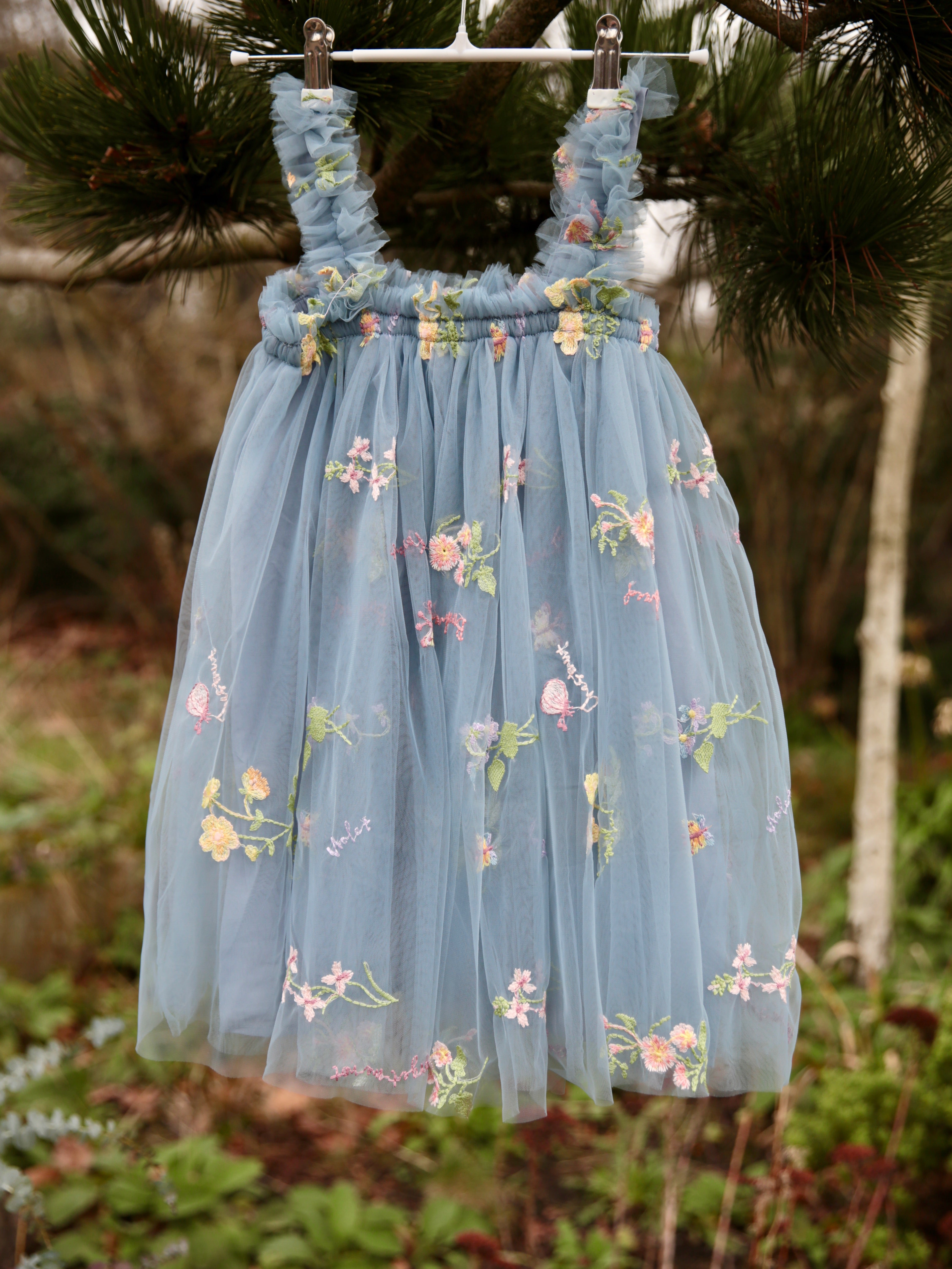 Petrol Blue Girls embroidered dress. Tulle dress, embroidered with flowers. Flower girl dress, cake smash, birthday dress