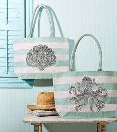 Gorgeous Bag decorated with sequined octopus or sea plant, beach bag, shopping bag, summer bag, sequin shell
