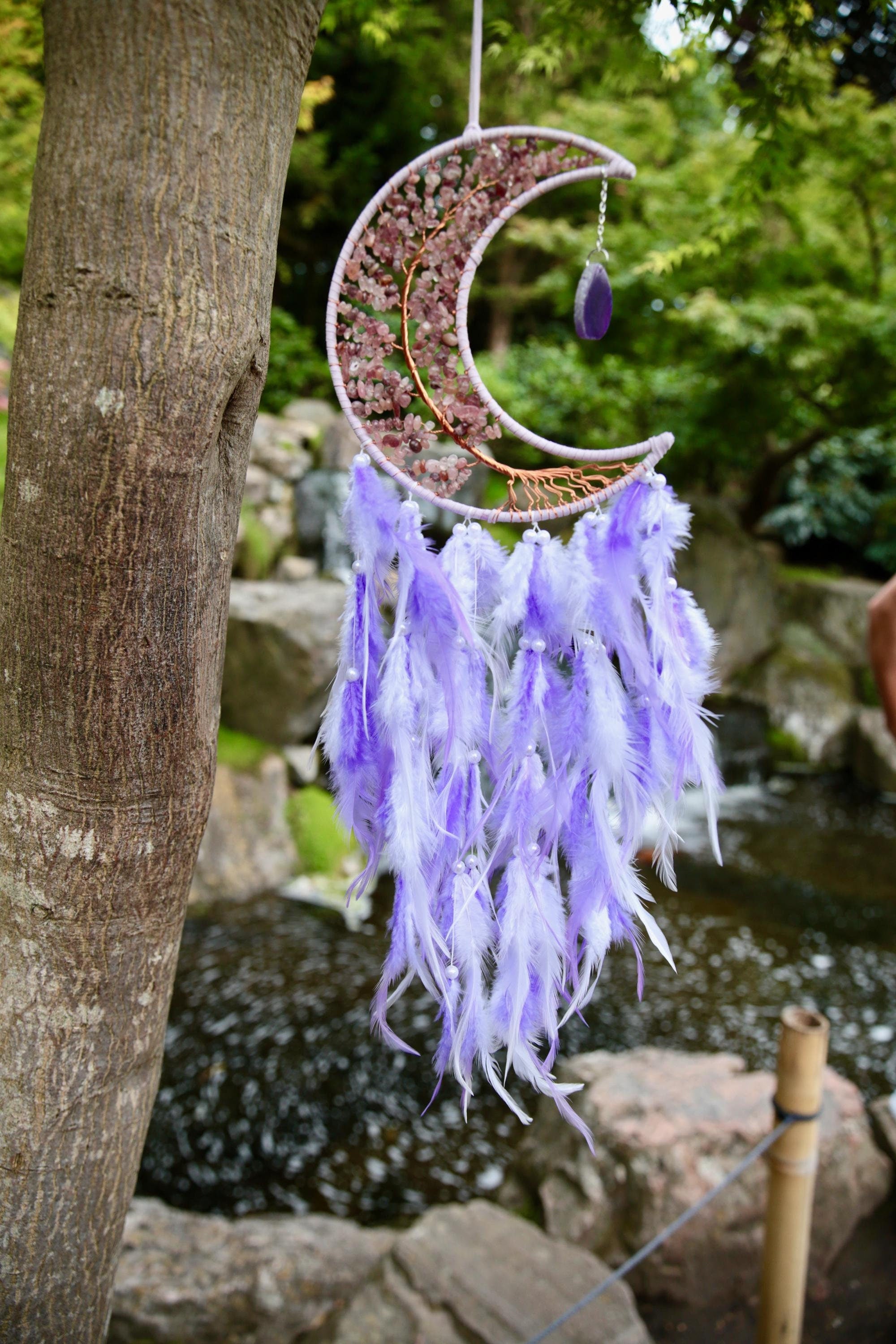 Dreamcatcher. Mystical Crescent Moon Amethyst Crystal, Enchanting Bedroom Decor. Dreamcatcher for Sweet Dreams. Home decor