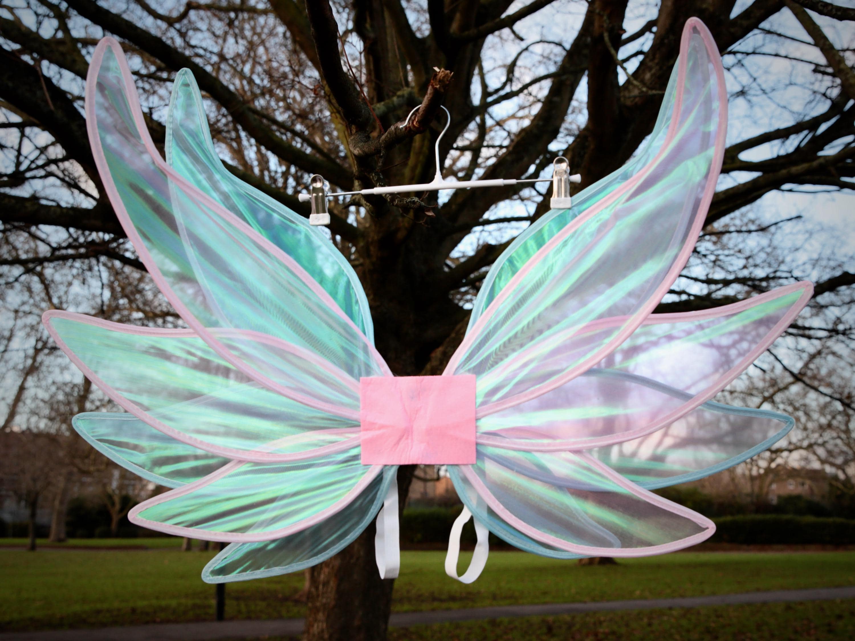 Fairy Wings, Beautiful Large Iridescent Pink and Turquoise Blue Butterfly Wings, 6 panels wings. Adults and Children