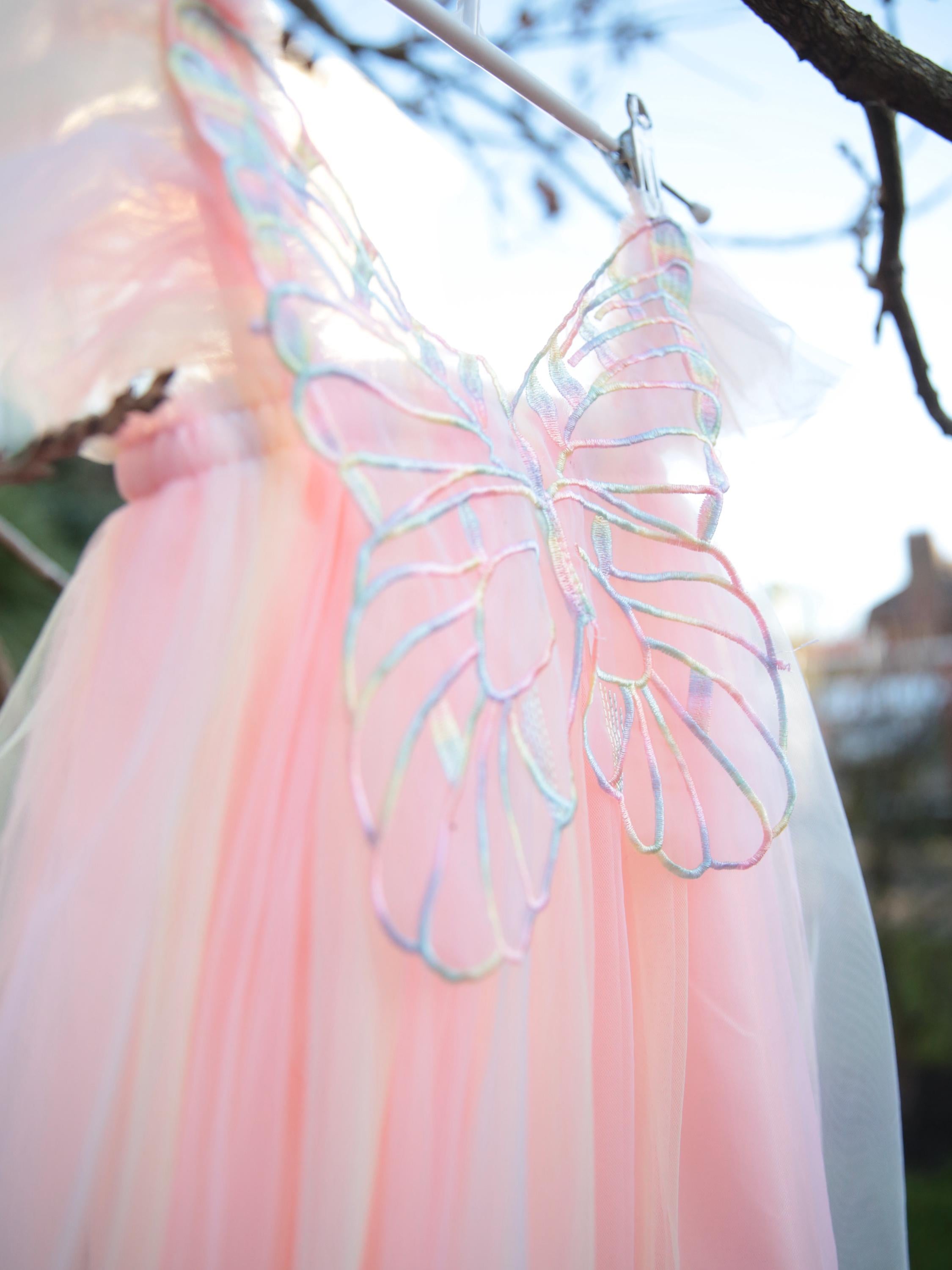 Fairy Wings dress. Pastel Pinks and Orange. Butterfly wings on the back, party dress, flower girl dress. Birthday photoshoot. Fairy dress.