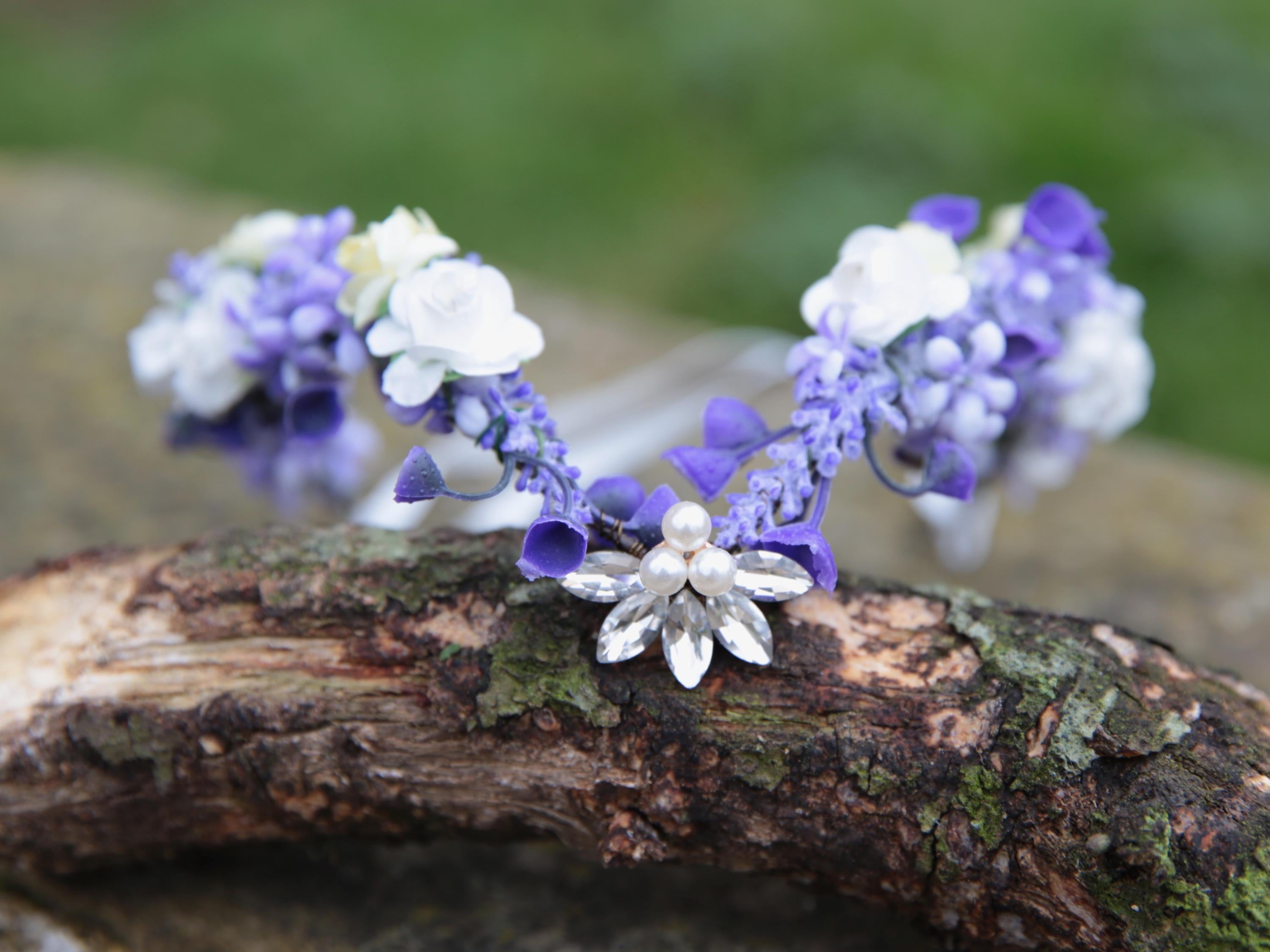 Purple Fairy Crown, Beautiful Magical Elven Tiara Purple Flowers and White flowers with crystals and pearl centre piece.