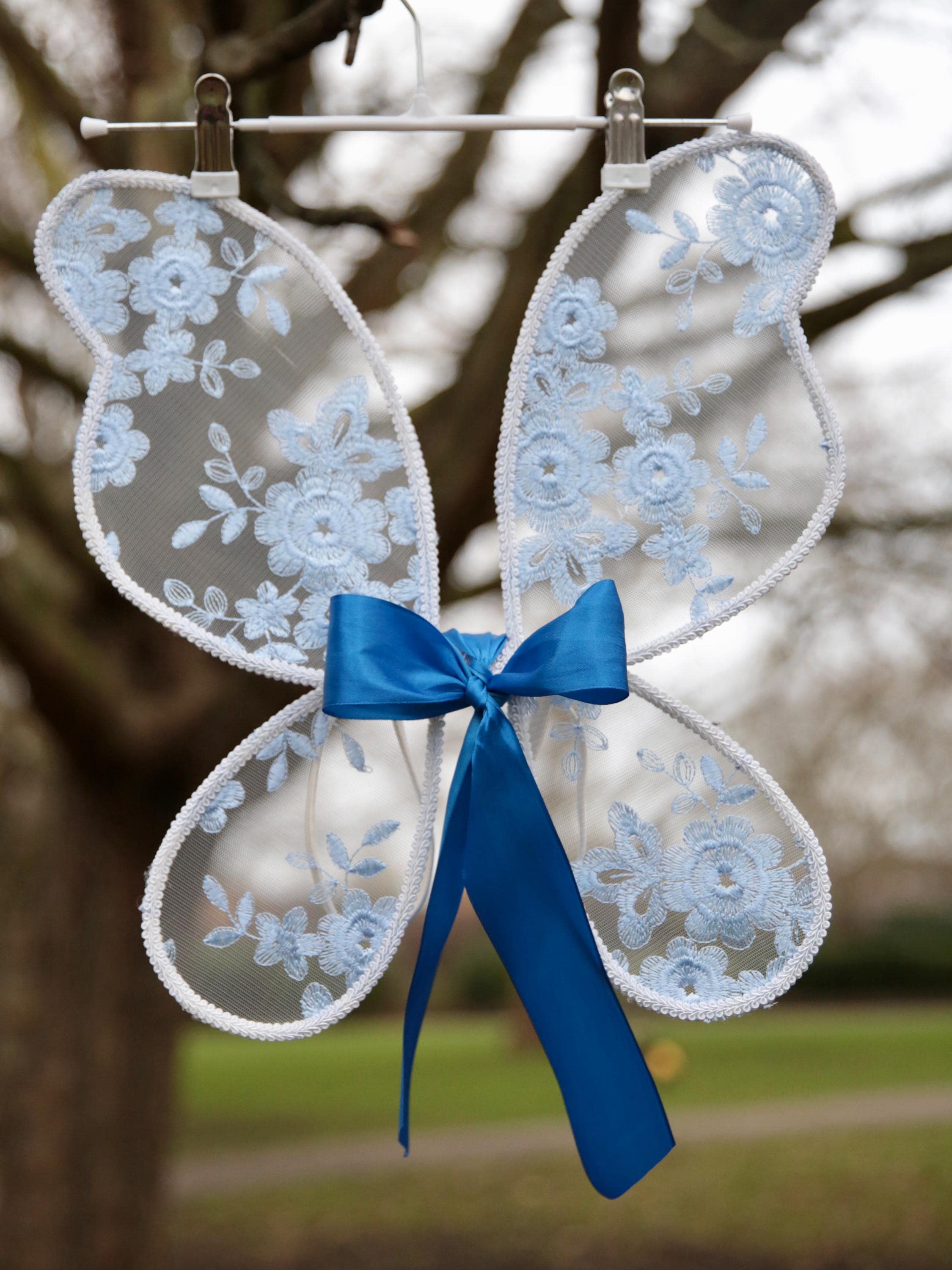Blue Fairy Wings. Handcrafted Baby Blue embroidered butterfly wings for children with an optional free satin bow. Flower girls, fairy party