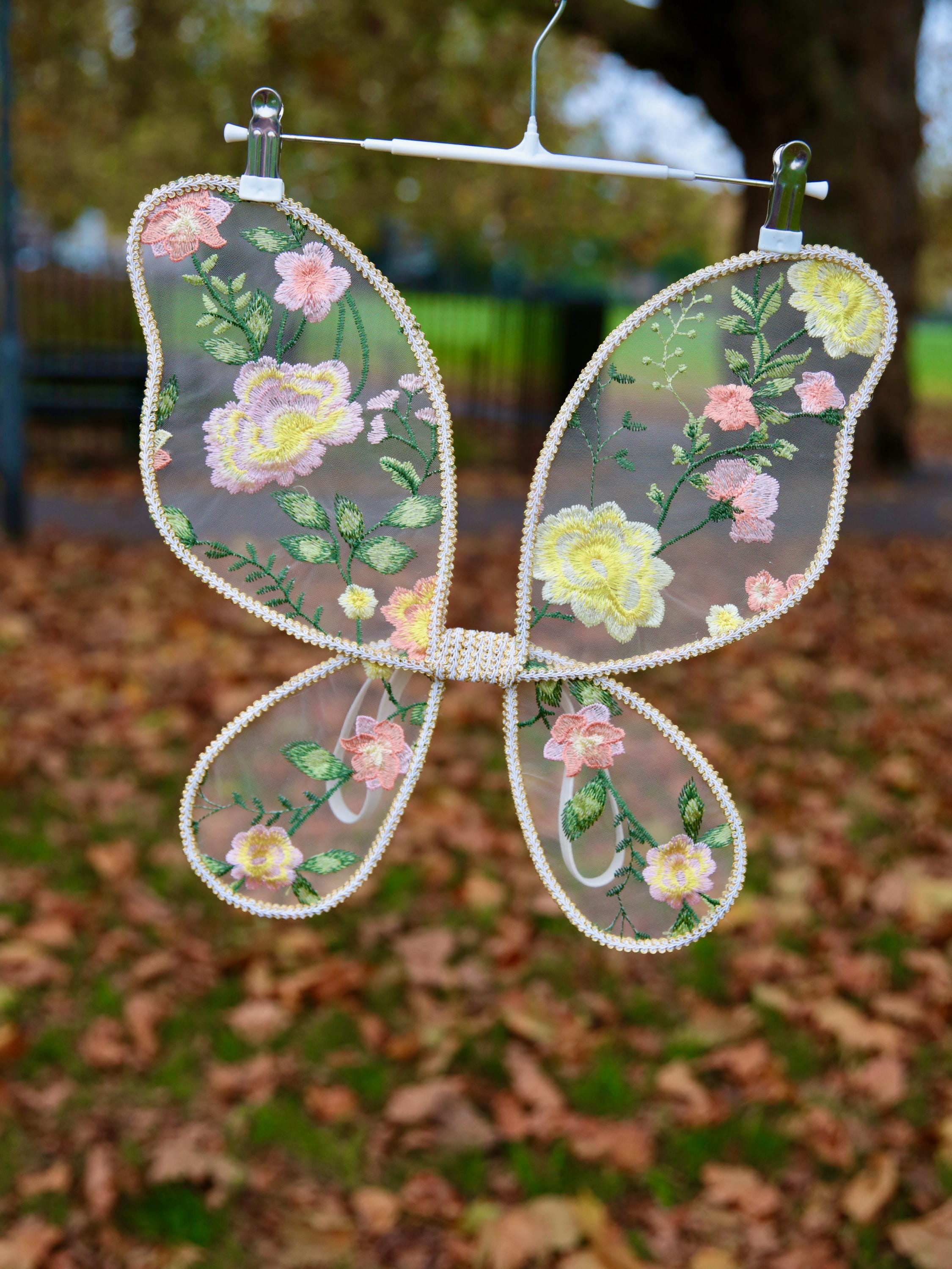 Yellow Fairy wings. Tulle fabric with handcrafted embroidered yellow flower design. Cake smash, 1st birthday photo shoot, flower girls.