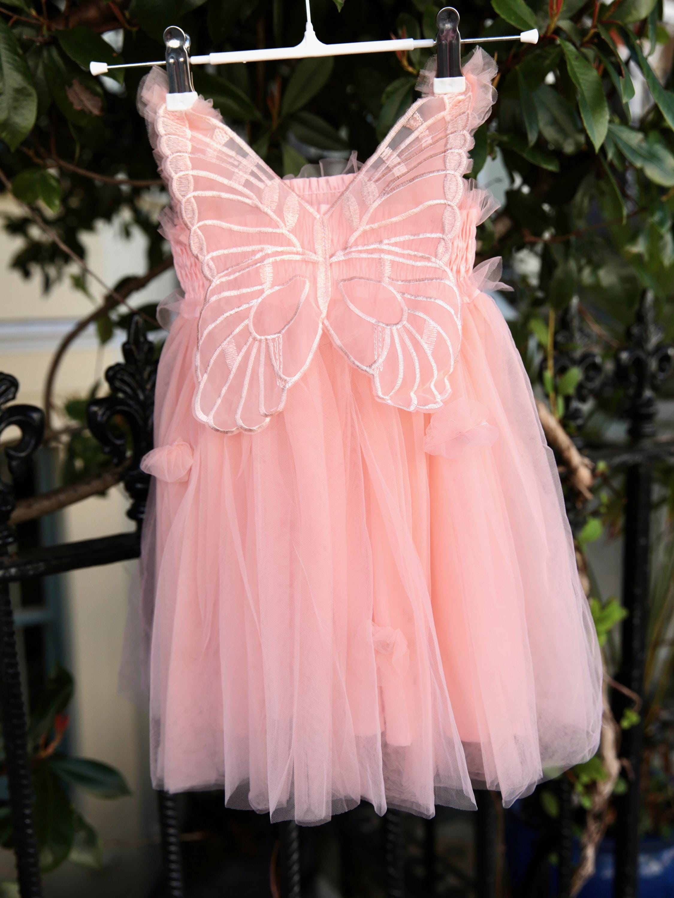 Girls Pink fairy wing dress. Beautiful Pastel Pink Tulle Dress with Butterfly wings on the back, party dress, bridesmaid dress, flower girl dress