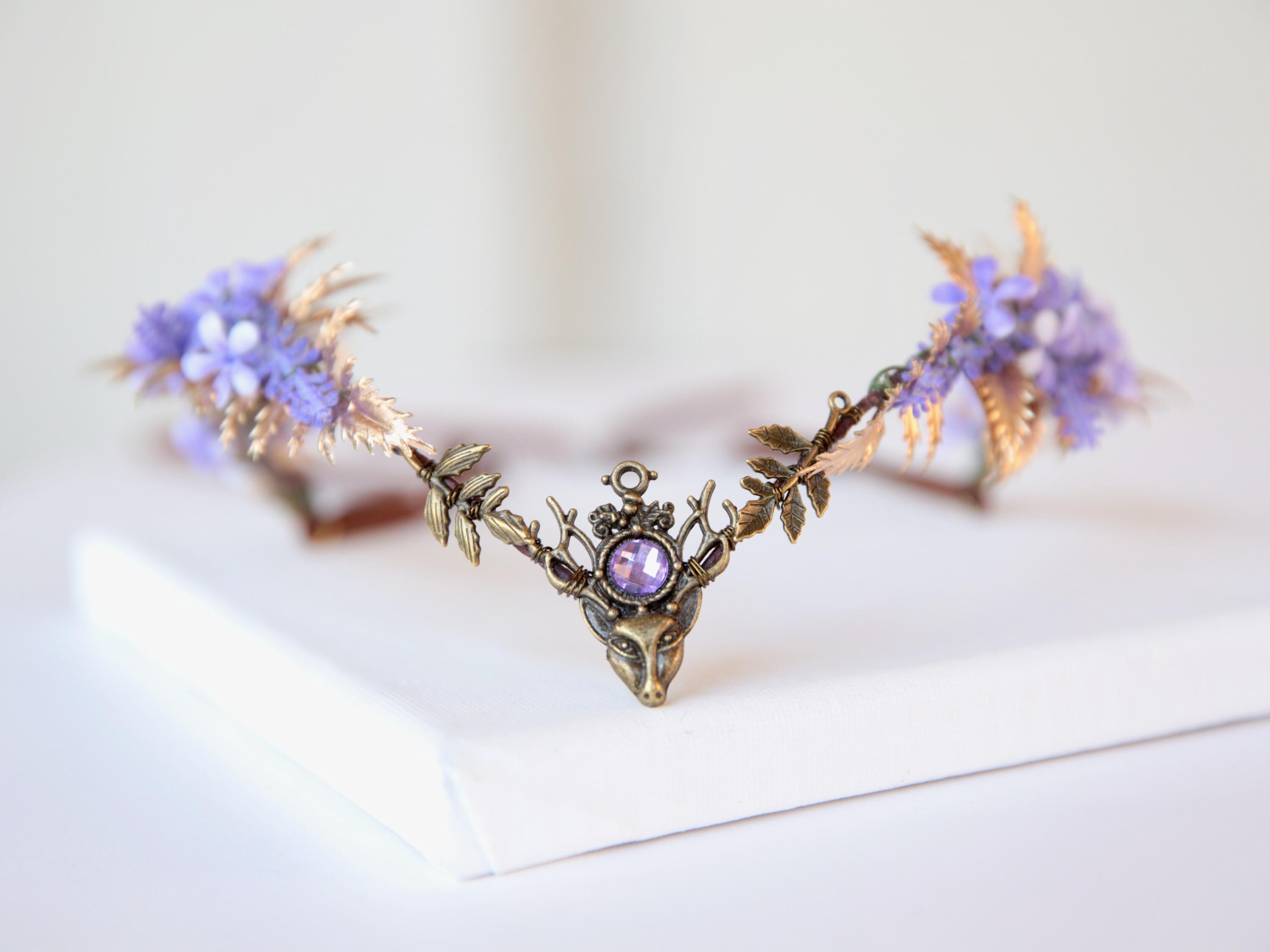 Elven purple tiara with deer head feature. Fairy crown for weddings, woodland party, renaissance fairs, woodland gatherings