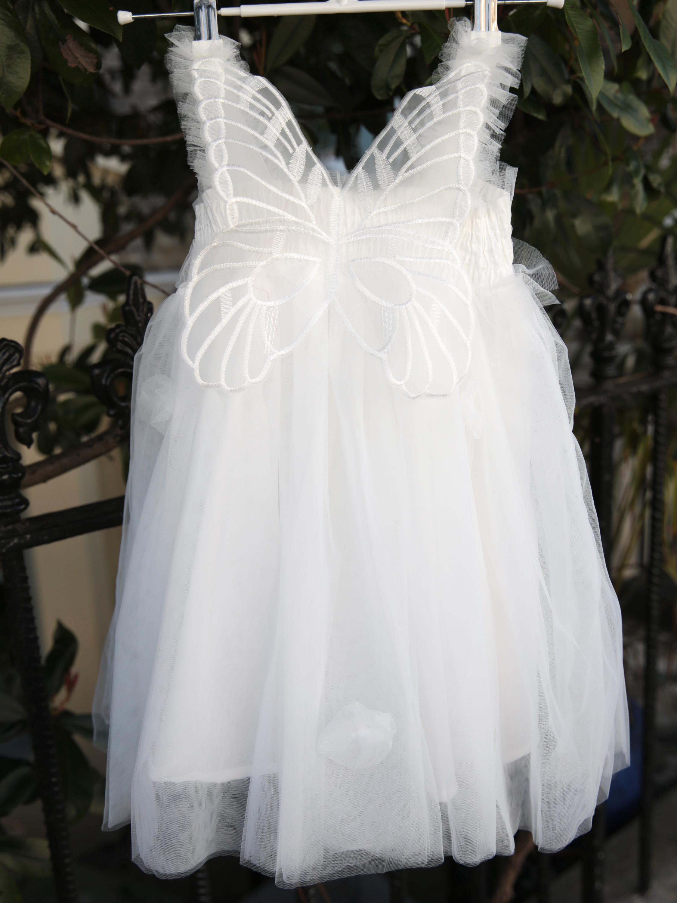 White Fairy wing girls dress. White Tulle Dress with Butterfly wings on the back, party dress, bridesmaid dress, flower girl dress.