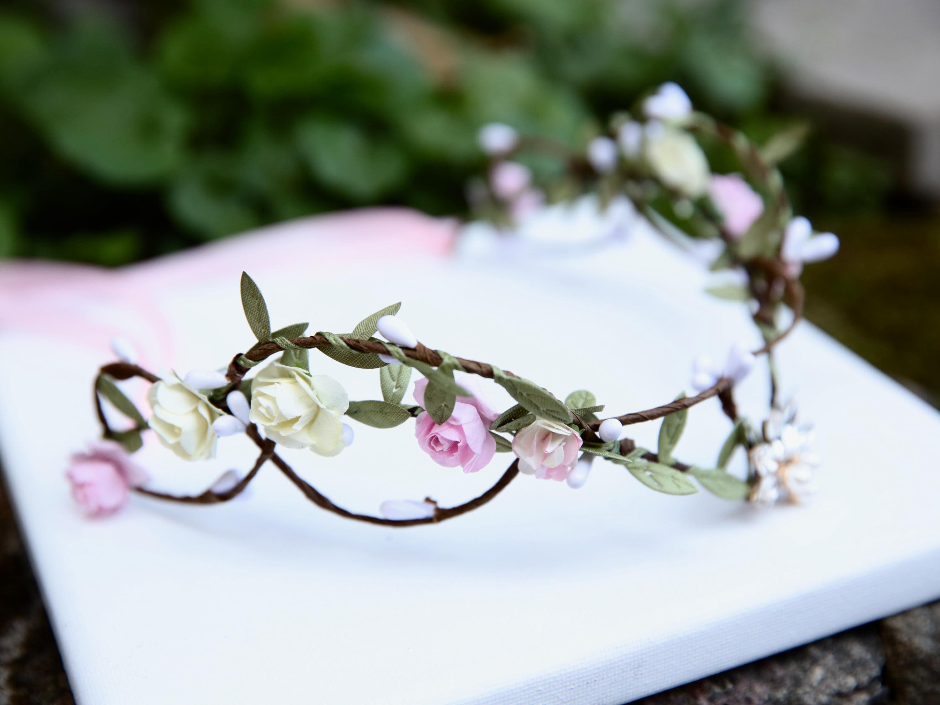 Fairy Crown, Beautiful Elven Tiara Pink and Cream miniature roses with intertwined leaves. Woodland party, bridesmaid headdress.