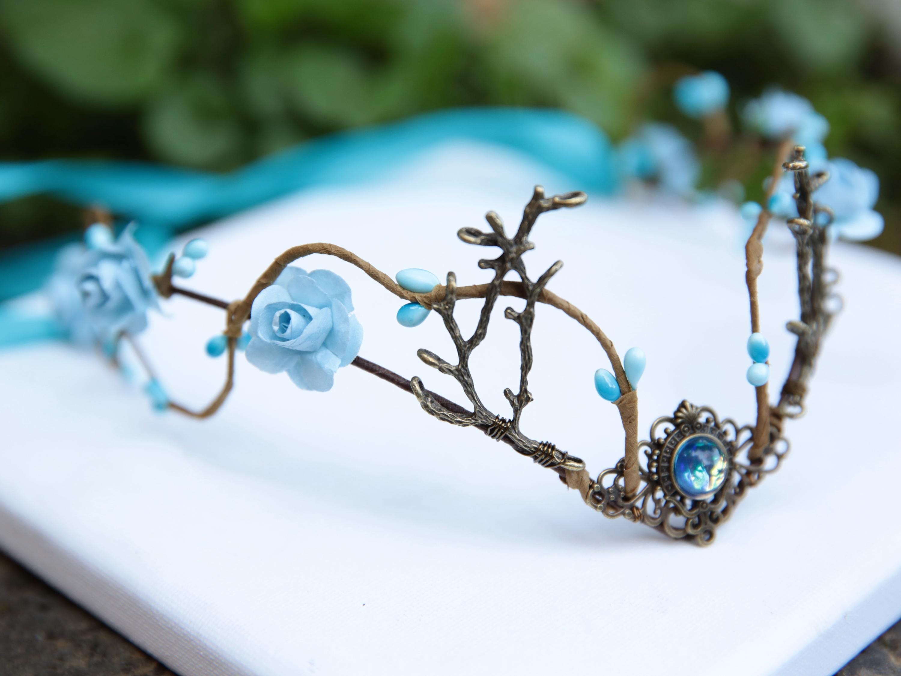 Fairy Crown, Beautiful Elven Tiara Sky Blue miniature roses with blue crystal jewel and intertwined leaves. Woodland party.
