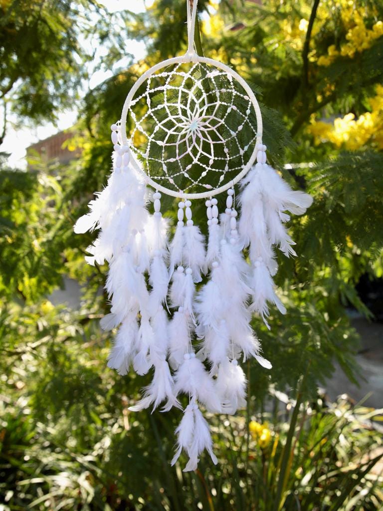 Dreamcatcher, hand woven white dreamcatcher with fluffy white feathers and interwoven white bead. Birthday gift, welcome to new home present