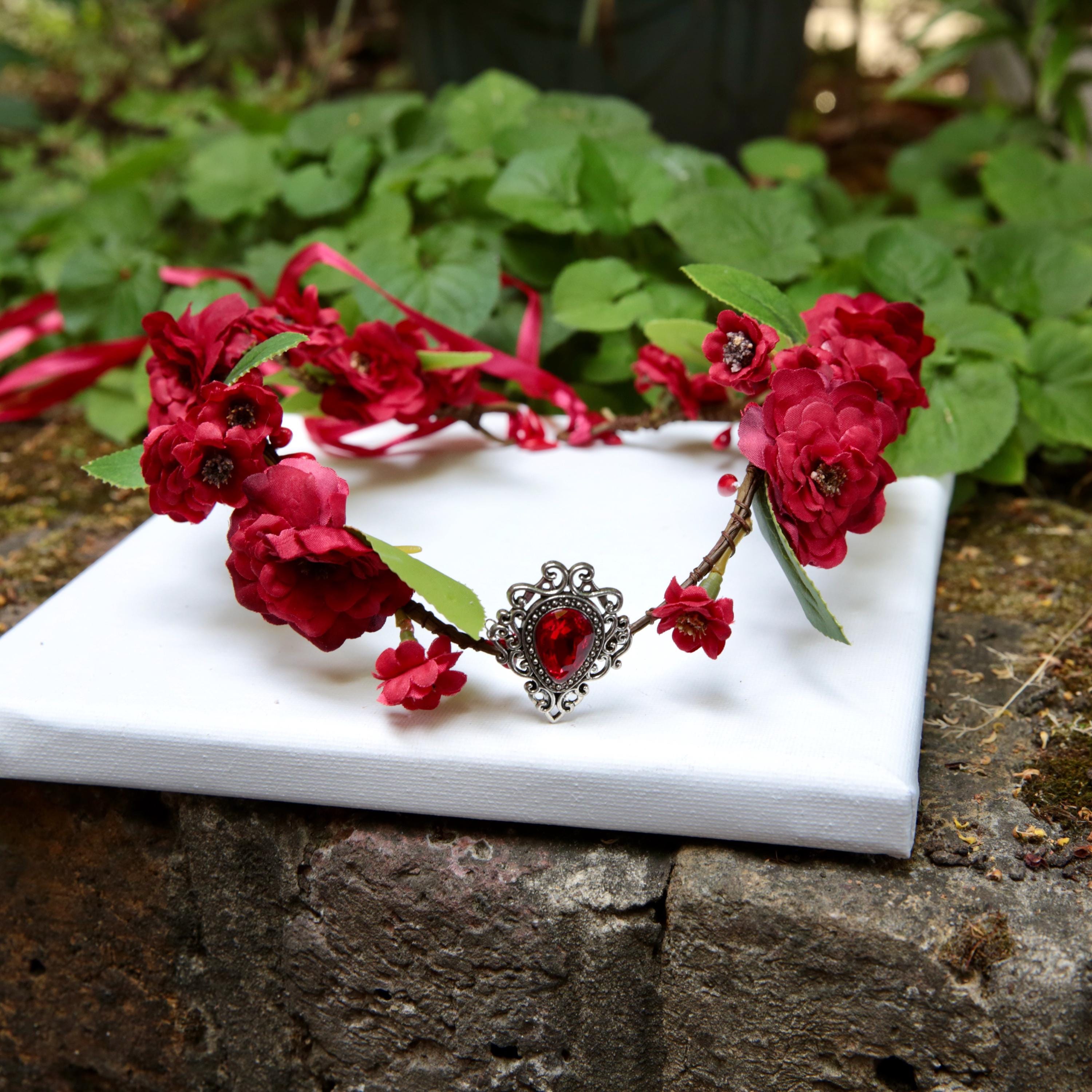 Fairy Crown, Elven Red Flowers Tiara with a Red crystal that sits on the forehead. Woodland theme, fairy wedding. Flower headdress.