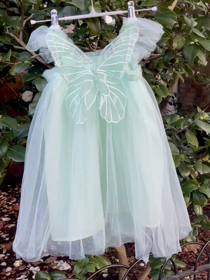 Girls Fairy Wings dress in Mint Green Tulle. Butterfly wings on the back, party dress, flower girl dress. Birthday photoshoot. Wild Daisy