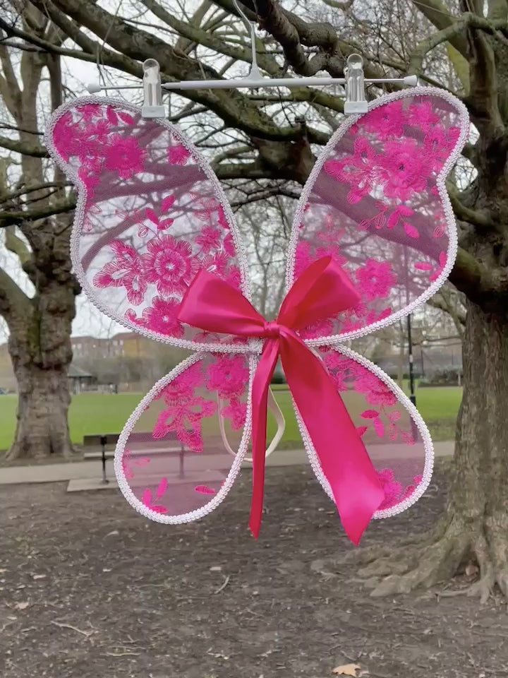 Fairy Wings. Handcrafted Fuchsia Pink embroidered butterfly wings for Children. With optional free satin bow. Flower girls, fairy party.