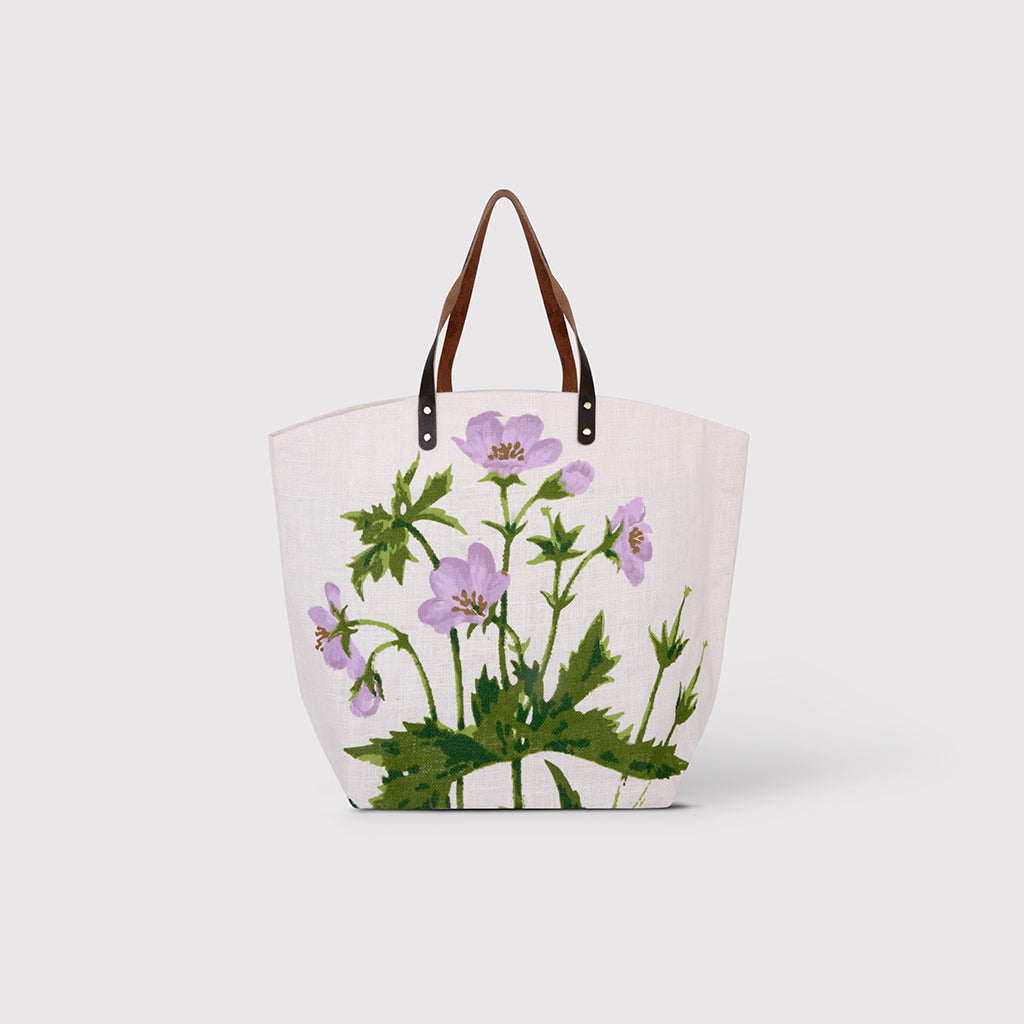 Nyra - Lilac flower Jute Bag with Leather Handles