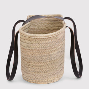 Lyra - Straw market basket with long black leather handles
