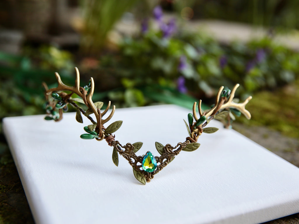 Deer antler crown, green crystal tiara