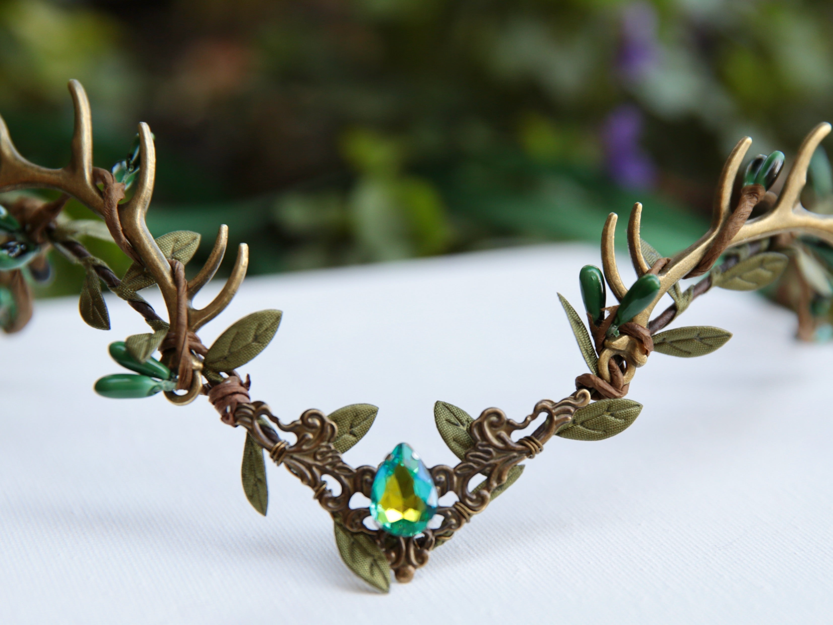Deer antler crown, green crystal tiara