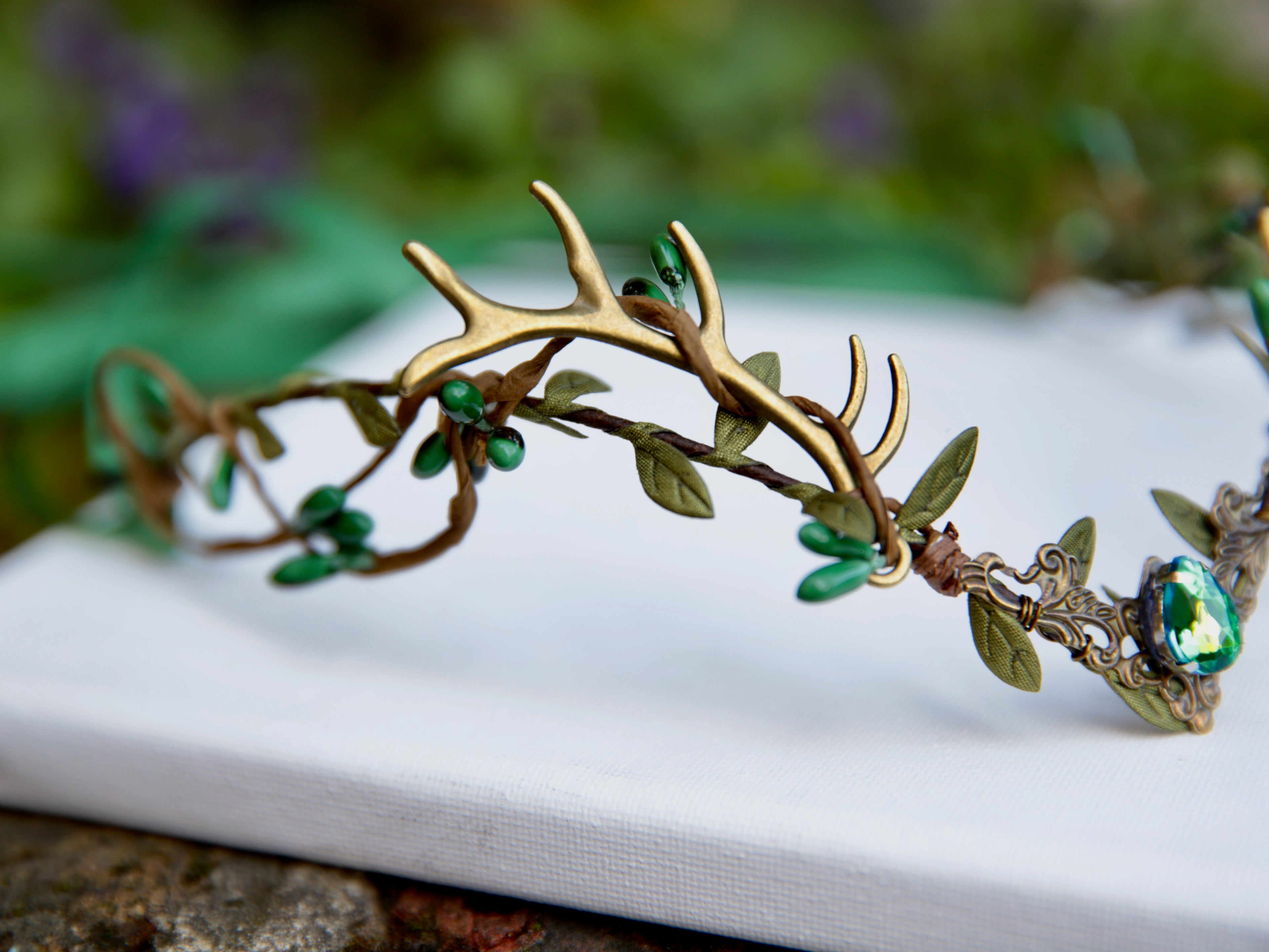Deer antler crown, green crystal tiara