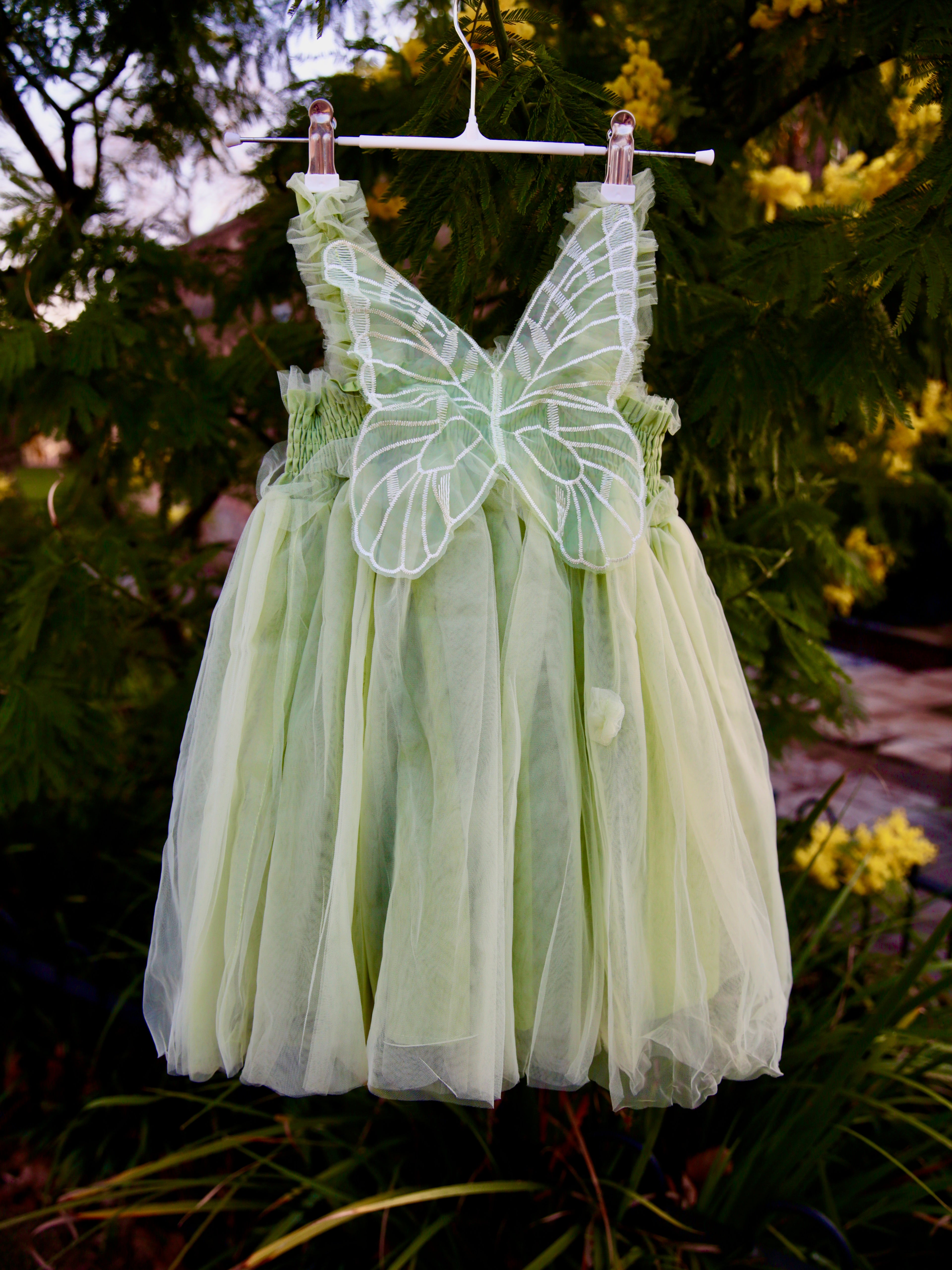 Butterfly wing girls Sage Green dress. Pastel Green Tulle Dress with fairy wings, party dress, bridesmaid dress, girls flower girl dress.