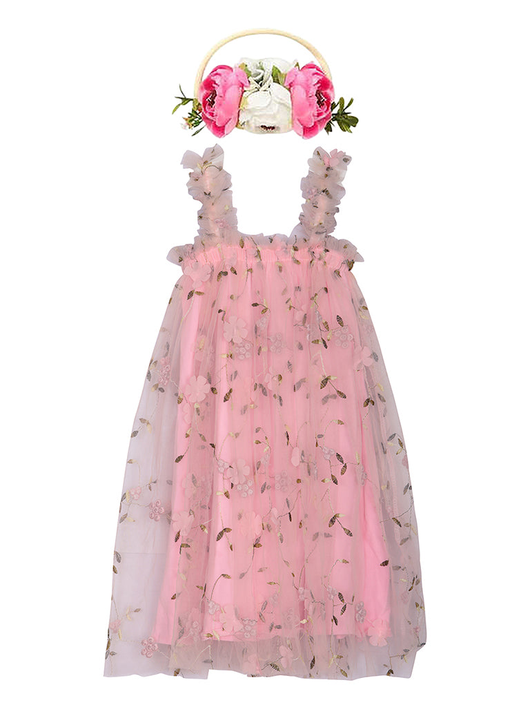 Girls 3D flower embroidered dusky pink dress. Baby Pink Tulle dress for young girls, toddlers and babies.  flower girl dress, party dress.