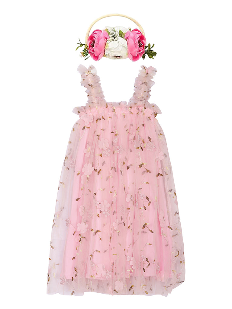 Girls Pink flower embroidered dress. Pink Tulle embroidered tulle dress for babies and young girls. 3D flower detail. Flower Girl dress