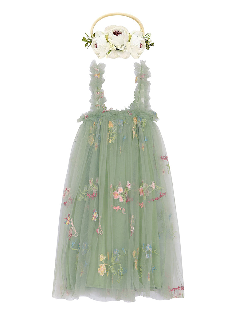Girls sage green embroidered dress with extra soft lining.
