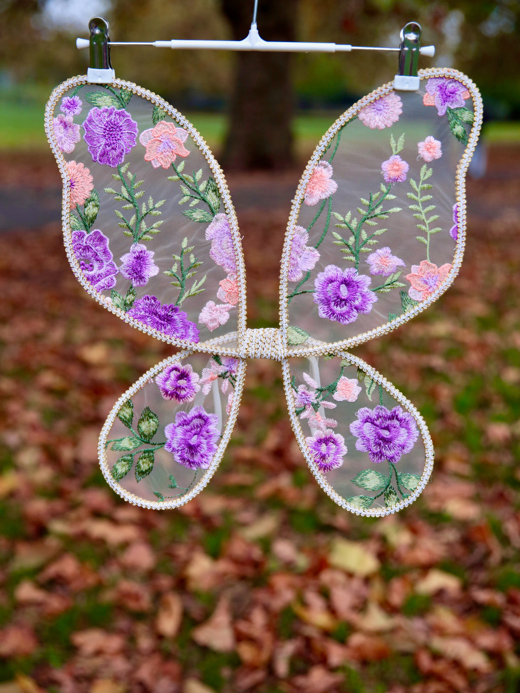 Purple Embroidered Fairy wings for babies and Children. Tulle fabric with handcrafted embroidered purple and pink flower design. Cake smash, birthday photo shoot.
