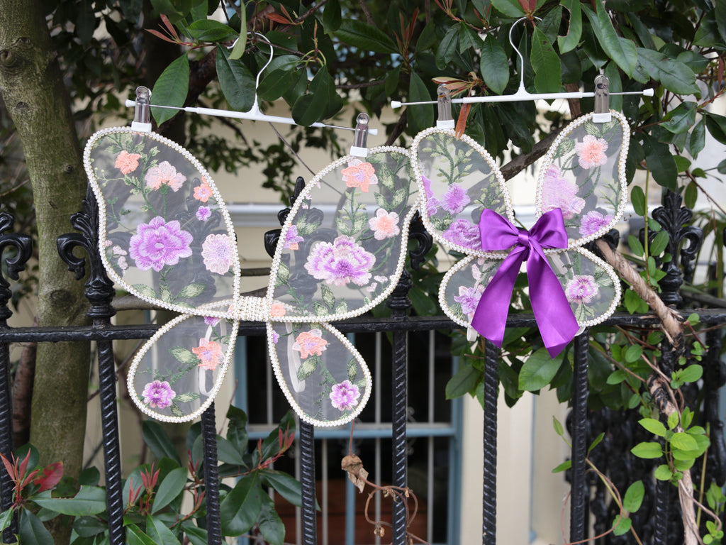 Purple Embroidered Fairy wings for babies and Children. Tulle fabric with handcrafted embroidered purple and pink flower design. Cake smash, birthday photo shoot.