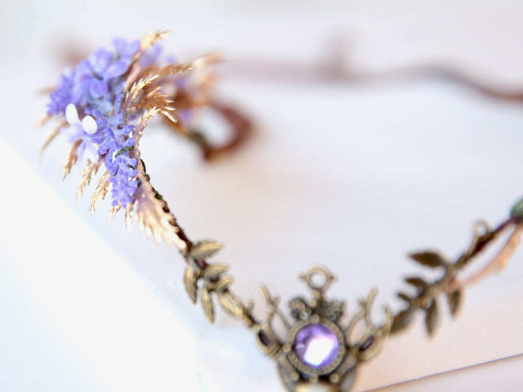Elven purple tiara with deer head feature. Fairy crown for weddings, woodland party, renaissance fairs, woodland gatherings