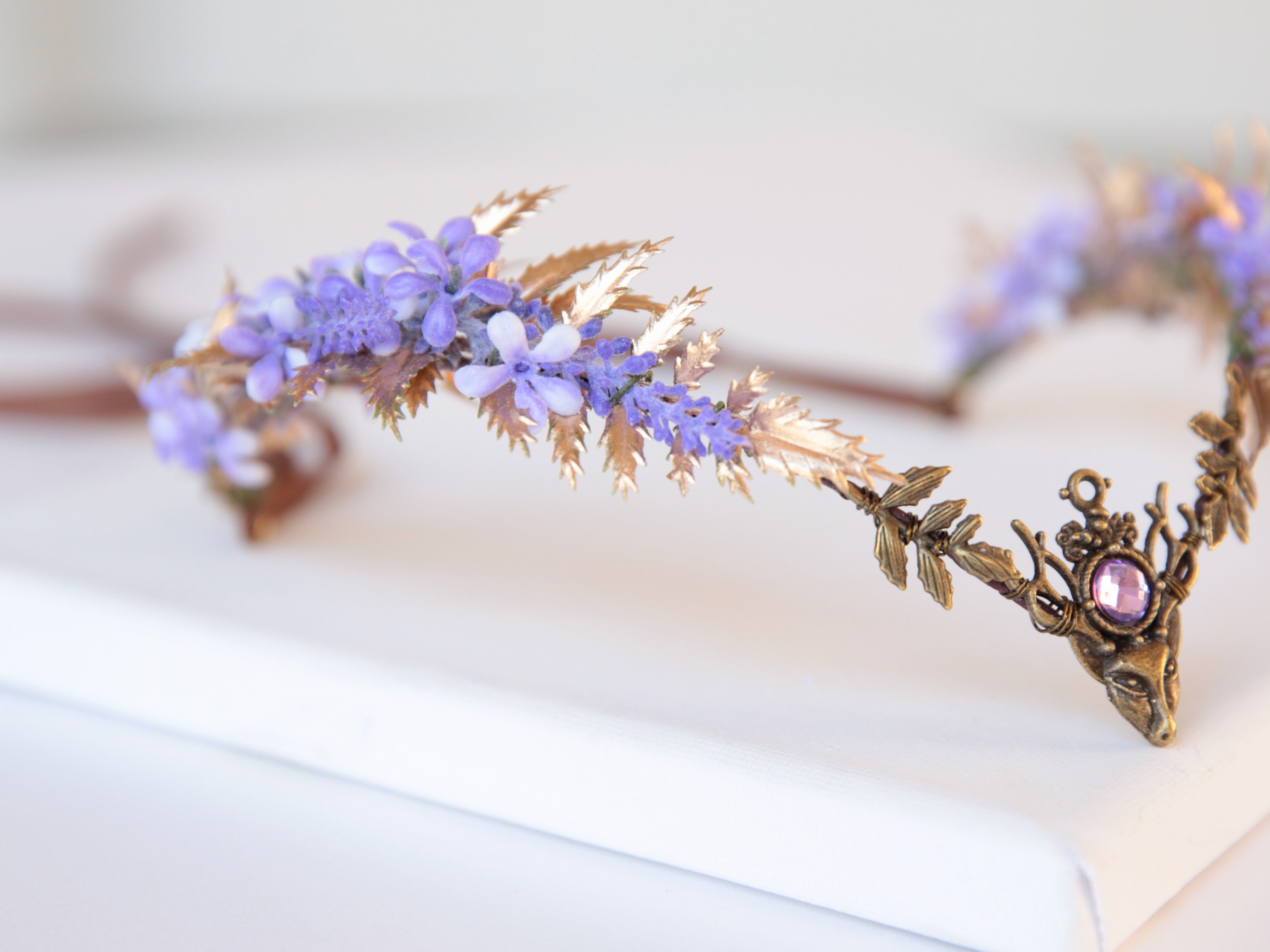 Elven purple tiara with deer head feature. Fairy crown for weddings, woodland party, renaissance fairs, woodland gatherings