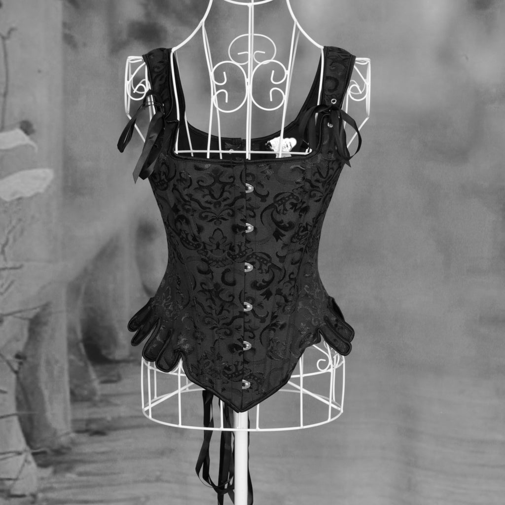 Overbust Corset. Beautiful Black Jacquard Square Neck. Lace tie-up back Boned Corset, Renaissance Corset  Fair, Steampunk.
