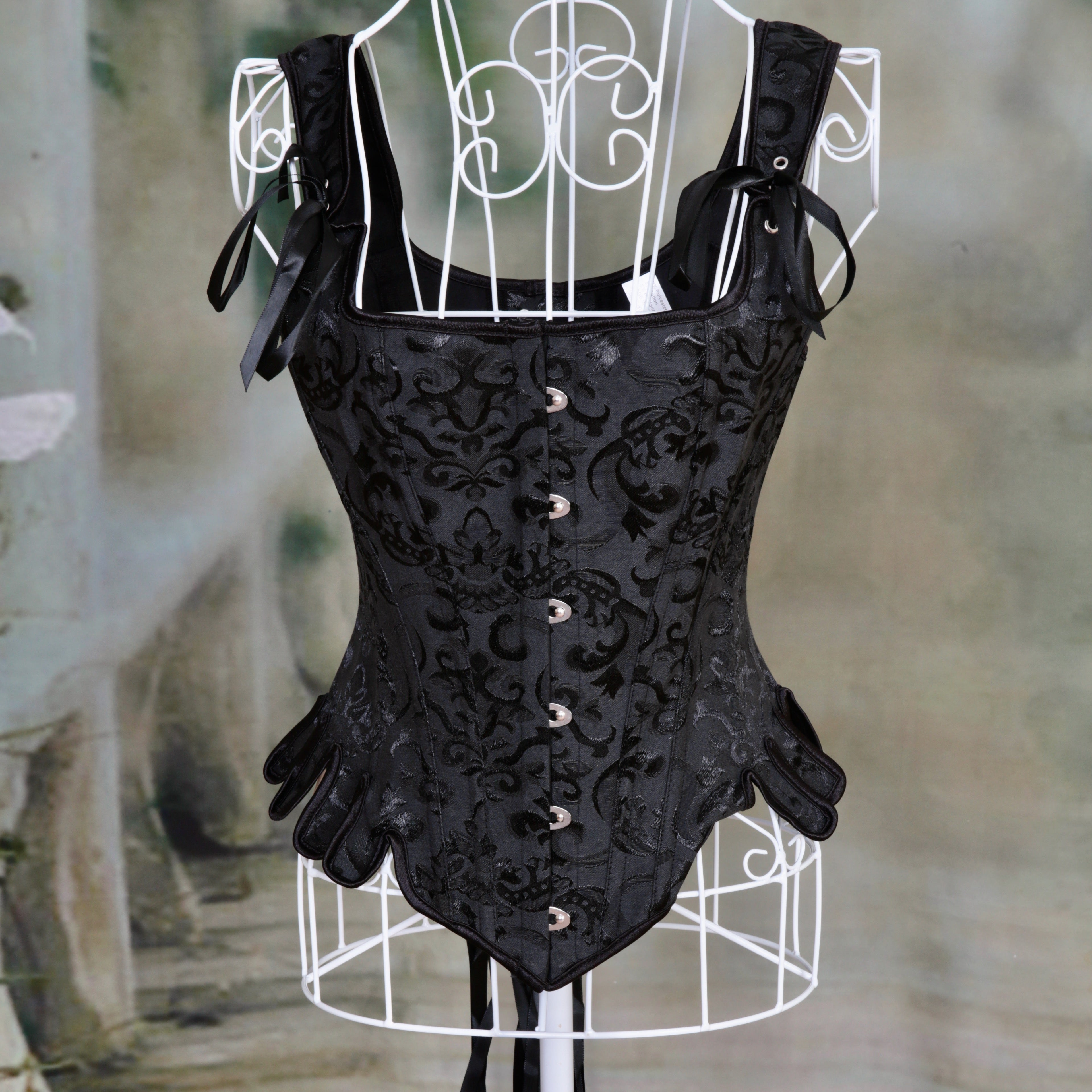 Overbust Corset. Beautiful Black Jacquard Square Neck. Lace tie-up back Boned Corset, Renaissance Corset  Fair, Steampunk.
