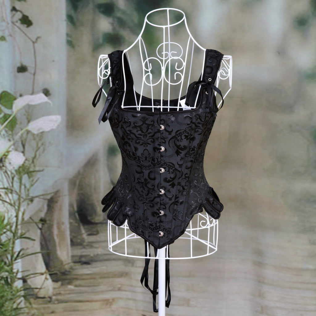 Overbust Corset. Beautiful Black Jacquard Square Neck. Lace tie-up back Boned Corset, Renaissance Corset  Fair, Steampunk.