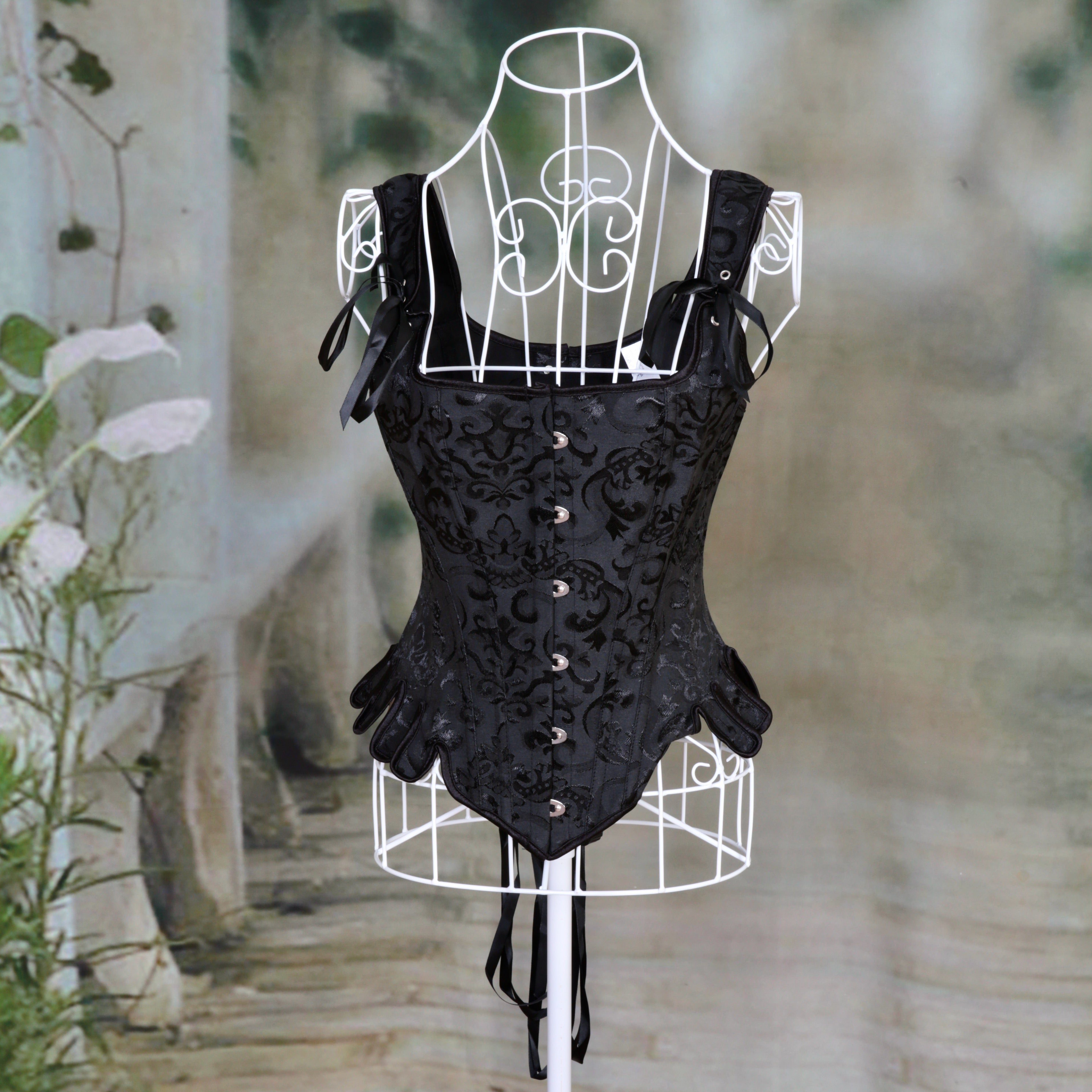 Overbust Corset. Beautiful Black Jacquard Square Neck. Lace tie-up back Boned Corset, Renaissance Corset  Fair, Steampunk.
