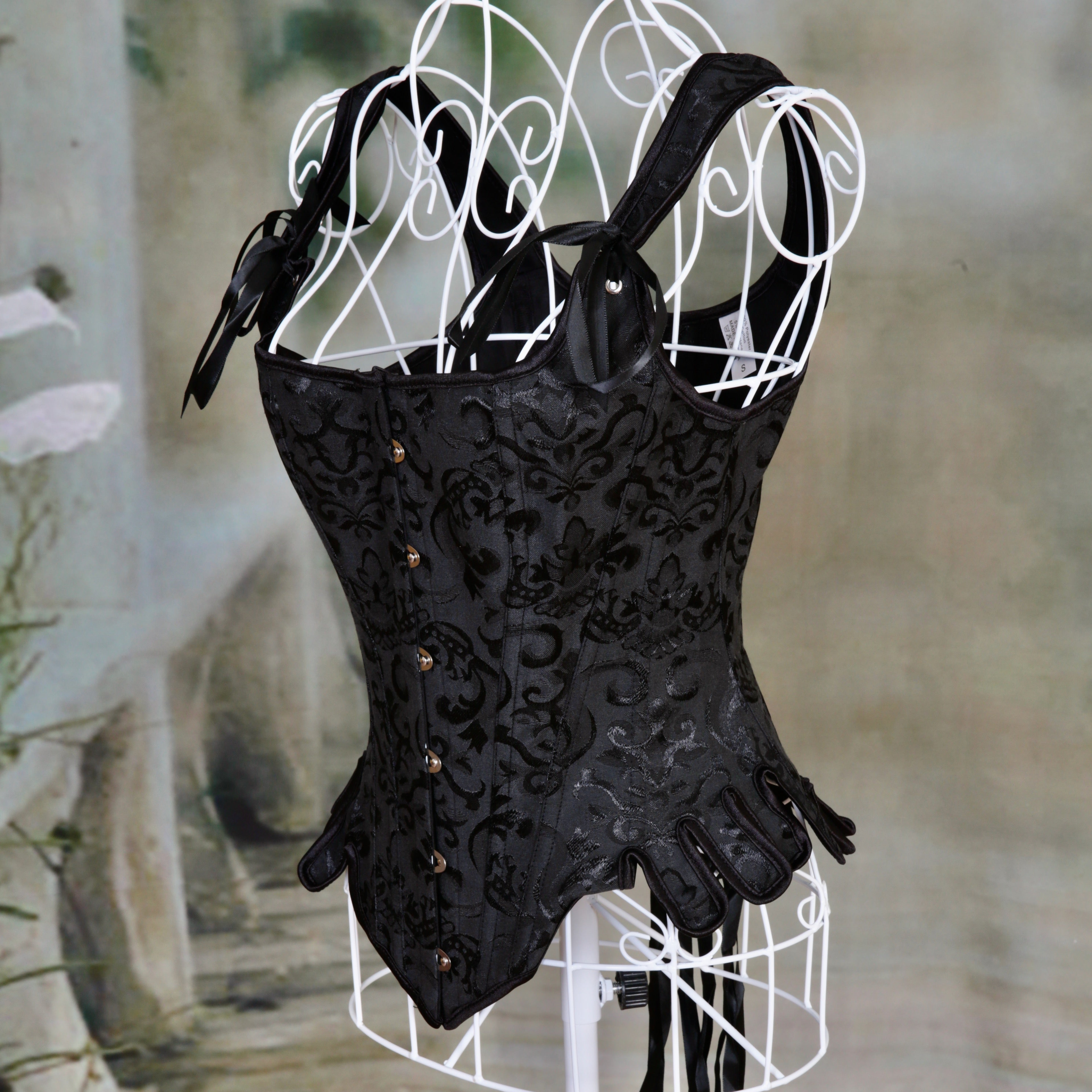 Overbust Corset. Beautiful Black Jacquard Square Neck. Lace tie-up back Boned Corset, Renaissance Corset  Fair, Steampunk.