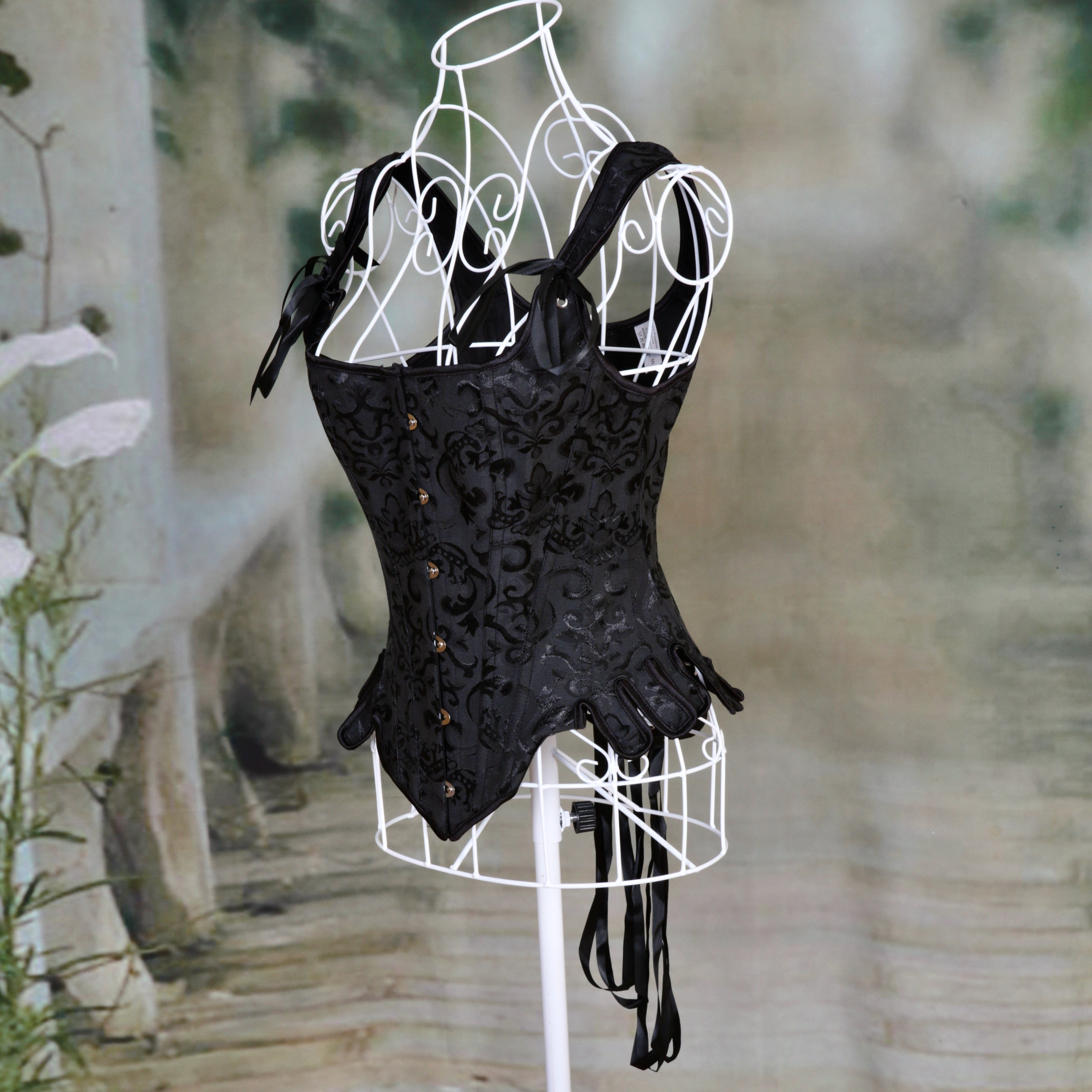 Overbust Corset. Beautiful Black Jacquard Square Neck. Lace tie-up back Boned Corset, Renaissance Corset  Fair, Steampunk.
