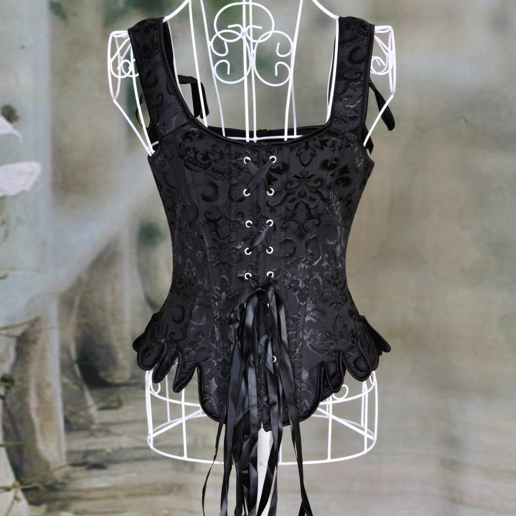 Overbust Corset. Beautiful Black Jacquard Square Neck. Lace tie-up back Boned Corset, Renaissance Corset  Fair, Steampunk.