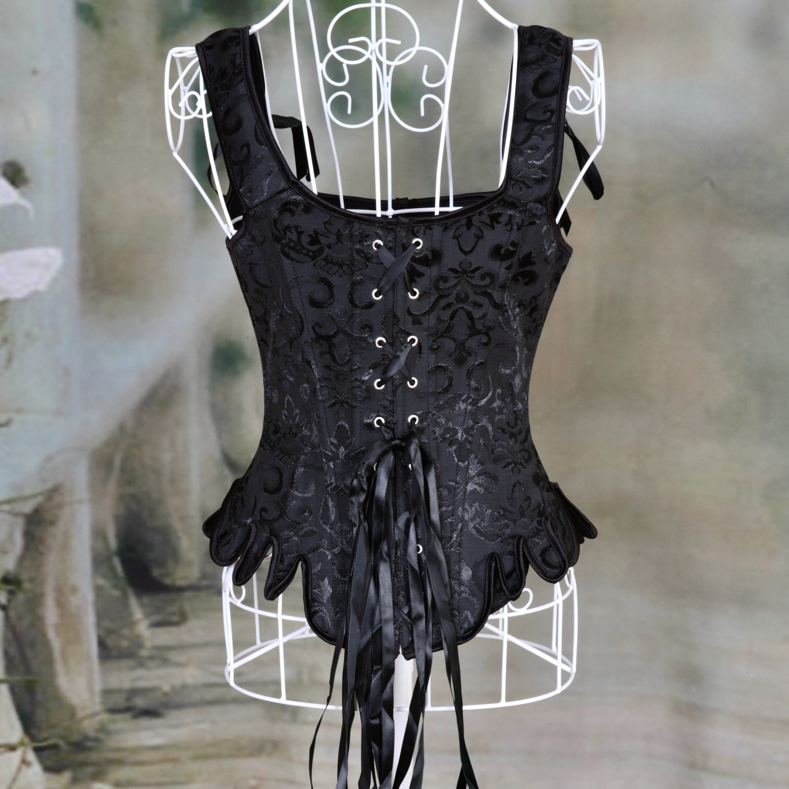 Overbust Corset. Beautiful Black Jacquard Square Neck. Lace tie-up back Boned Corset, Renaissance Corset  Fair, Steampunk.