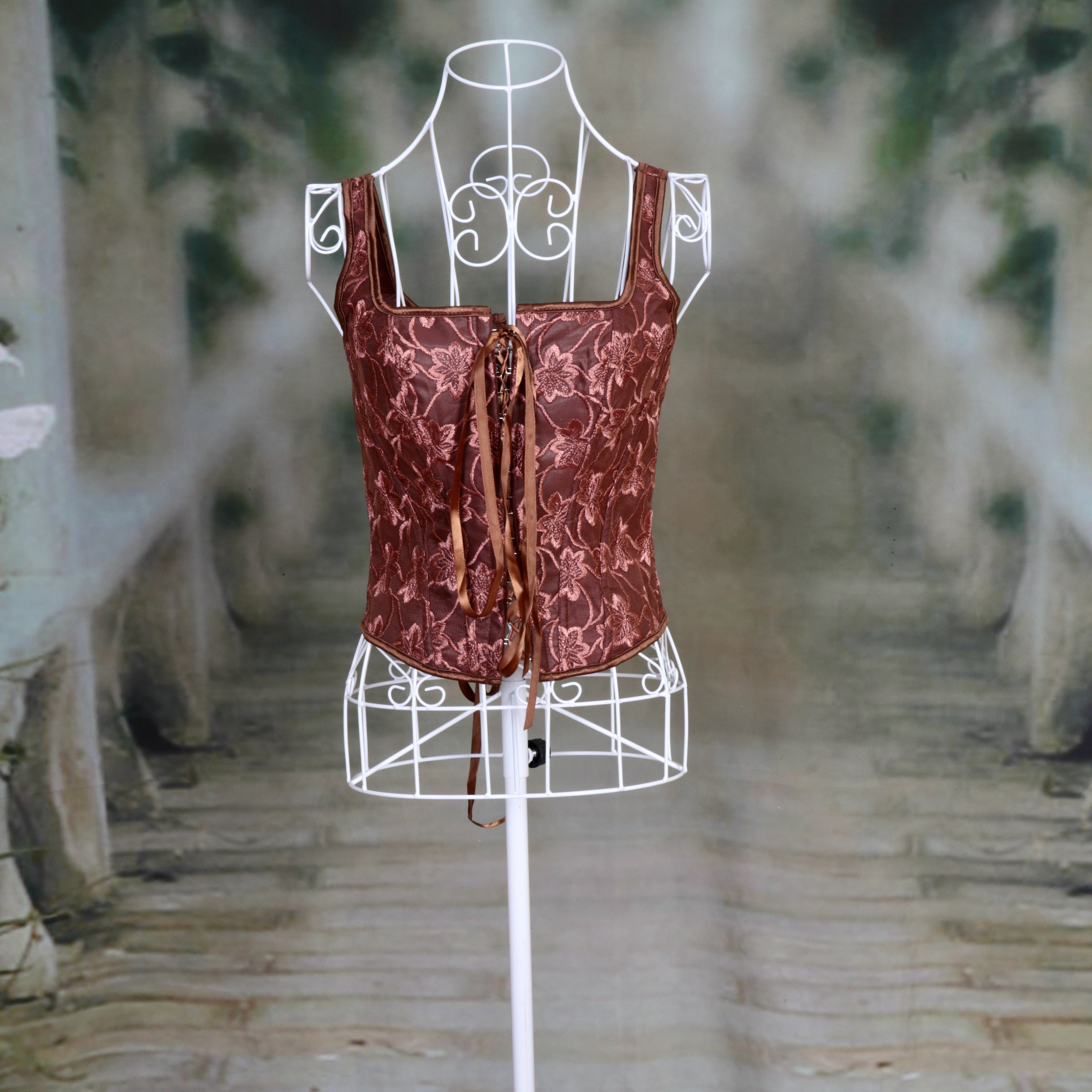 Overbust Corset. Beautiful Chocolate Brown Floral Print Square Neck Boned Corset. Lace tie-up front and back, Renaissance Corset  Fair, Steampunk.
