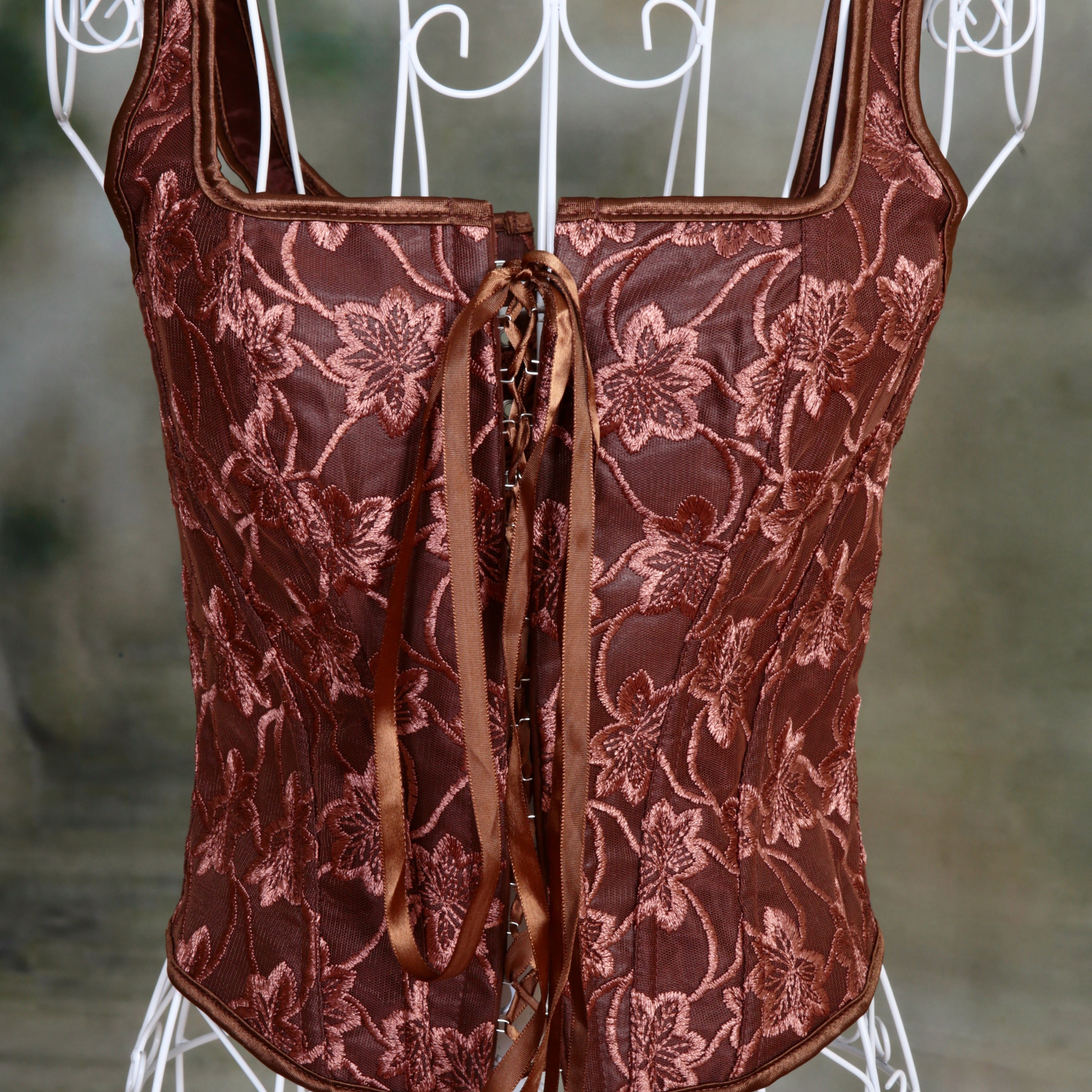 Overbust Corset. Beautiful Chocolate Brown Floral Print Square Neck Boned Corset. Lace tie-up front and back, Renaissance Corset  Fair, Steampunk.