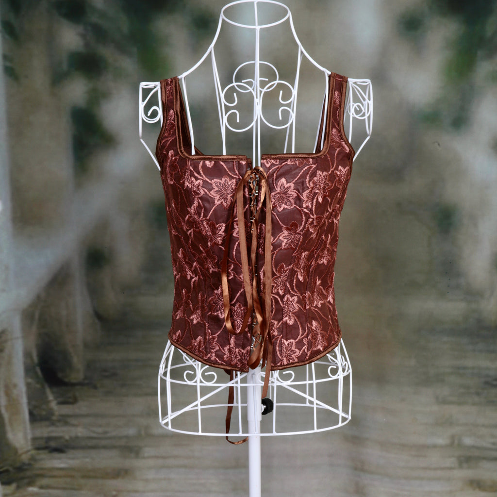 Overbust Corset. Beautiful Chocolate Brown Floral Print Square Neck Boned Corset. Lace tie-up front and back, Renaissance Corset  Fair, Steampunk.