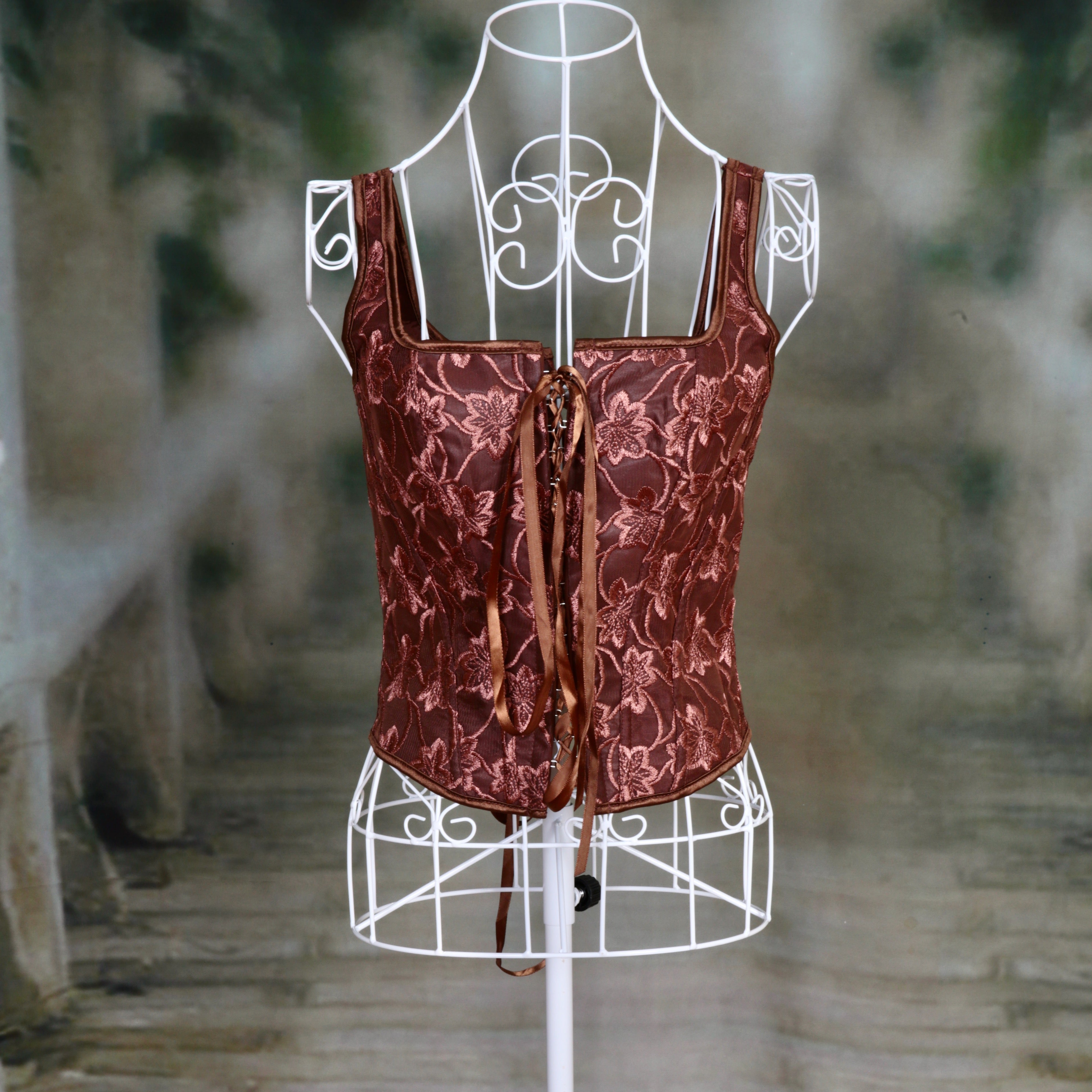 Overbust Corset. Beautiful Chocolate Brown Floral Print Square Neck Boned Corset. Lace tie-up front and back, Renaissance Corset  Fair, Steampunk.