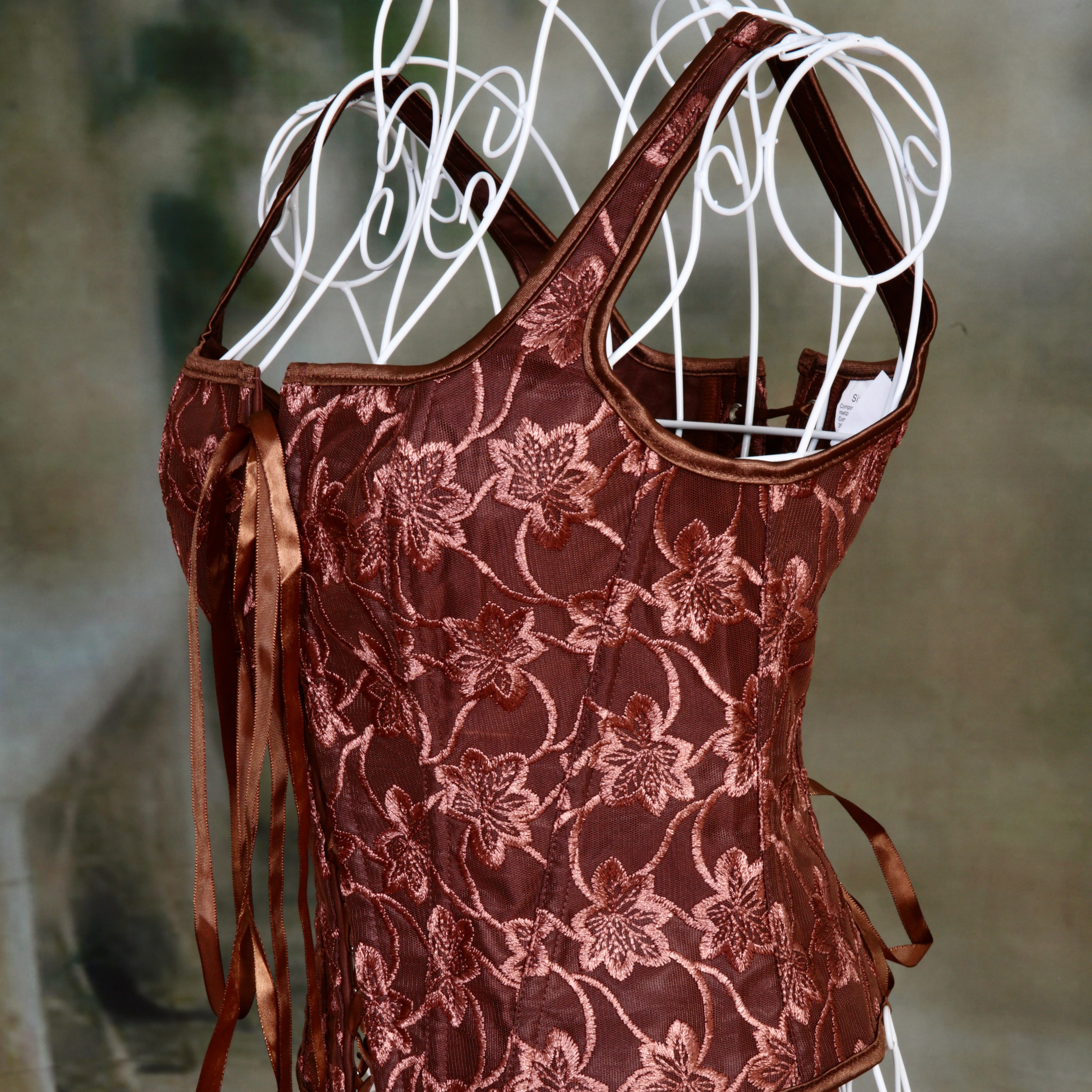 Overbust Corset. Beautiful Chocolate Brown Floral Print Square Neck Boned Corset. Lace tie-up front and back, Renaissance Corset  Fair, Steampunk.