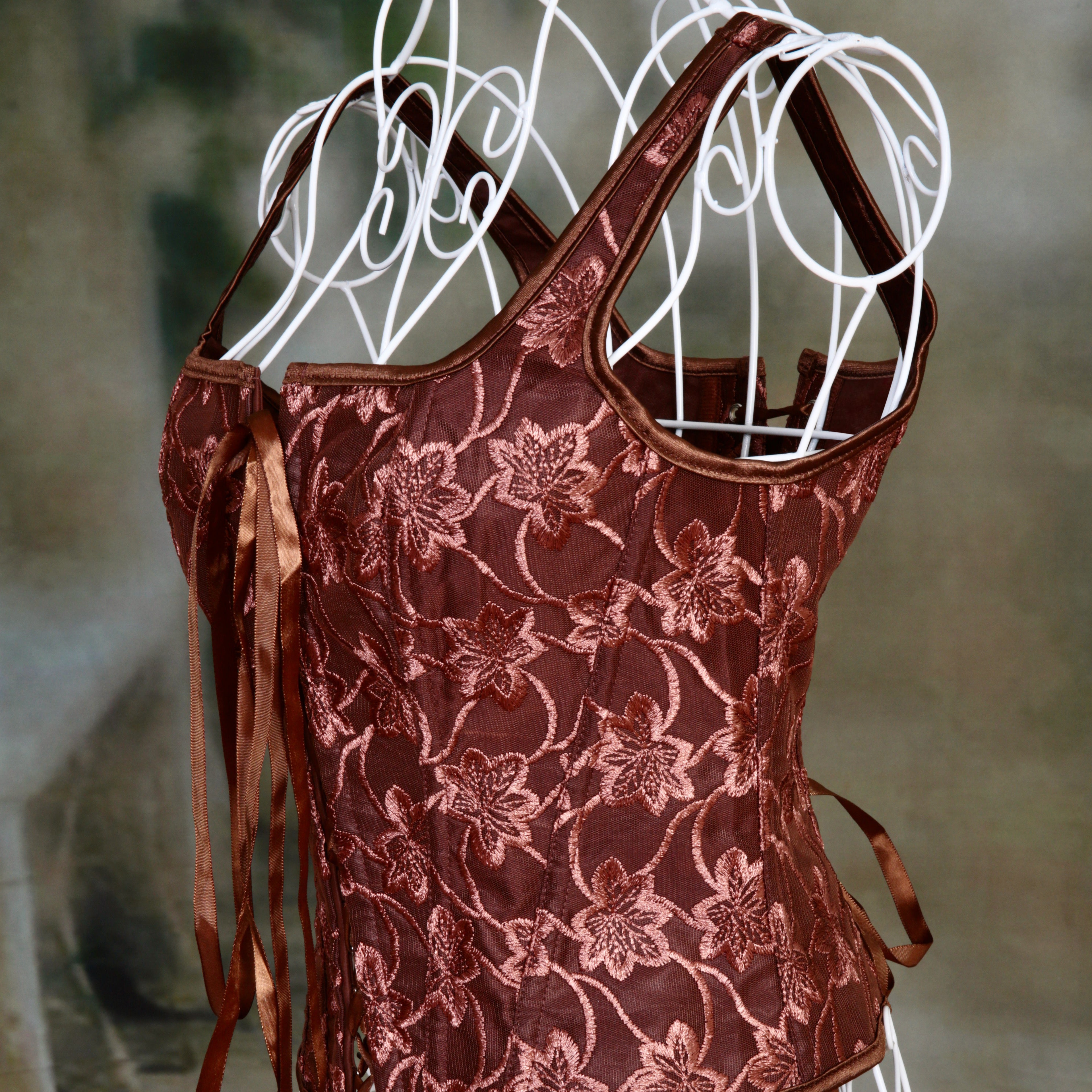 Overbust Corset. Beautiful Chocolate Brown Floral Print Square Neck Boned Corset. Lace tie-up front and back, Renaissance Corset  Fair, Steampunk.
