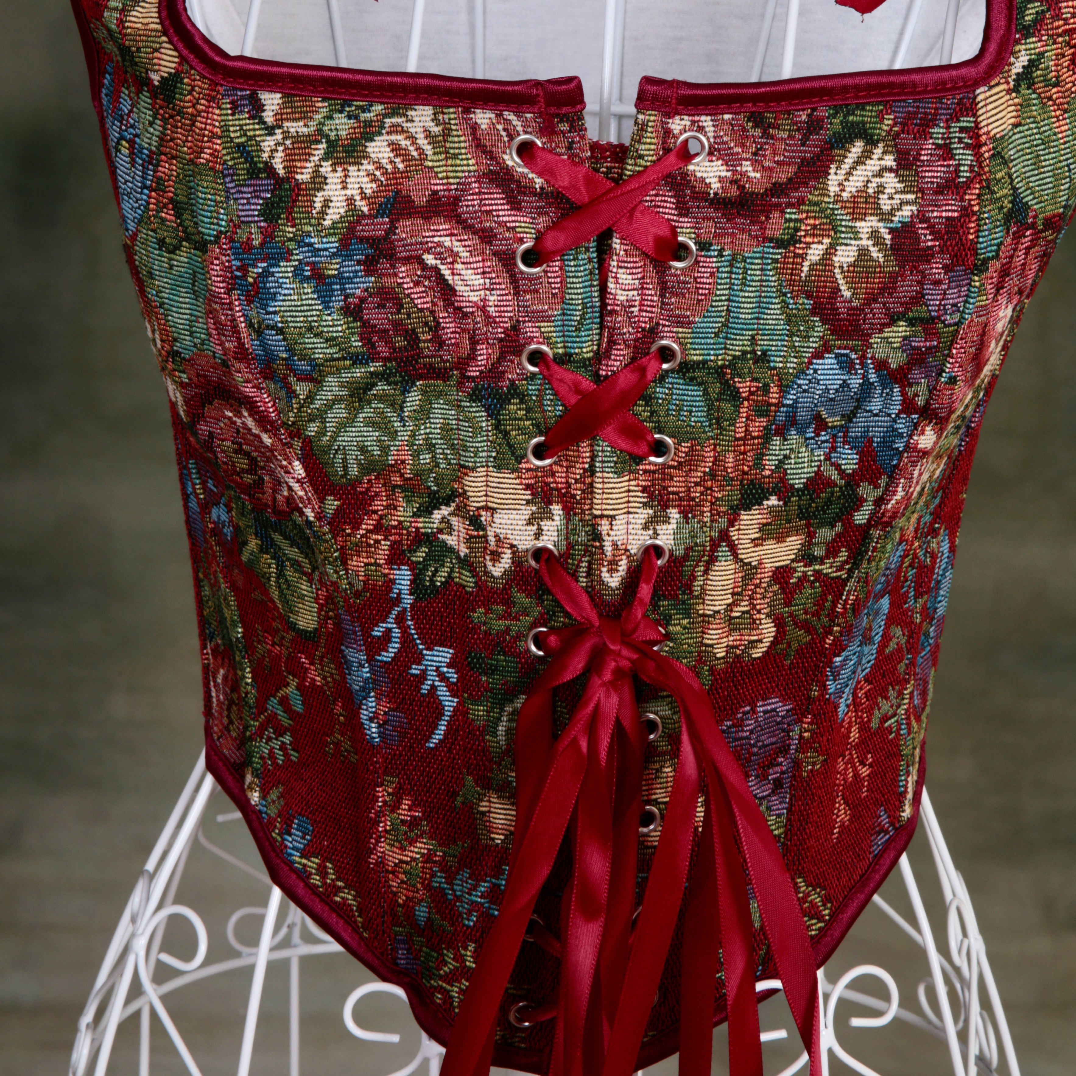 Overbust Corset. Beautiful Red Floral Square Neck. Lace tie-up Front Boned Corset, Renaissance Fair Corset, Fairy wings, Steampunk.