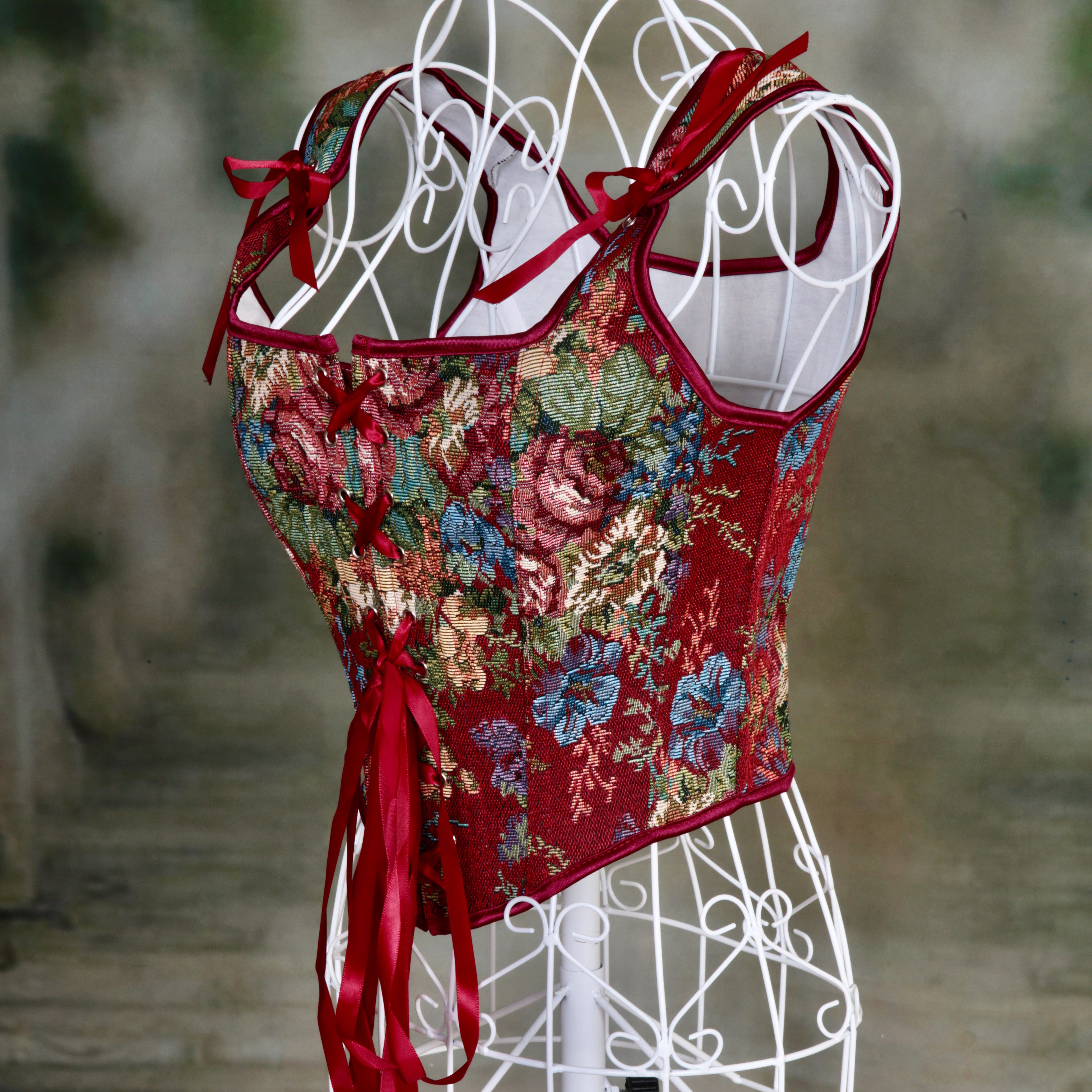 Overbust Corset. Beautiful Red Floral Square Neck. Lace tie-up Front Boned Corset, Renaissance Fair Corset, Fairy wings, Steampunk.