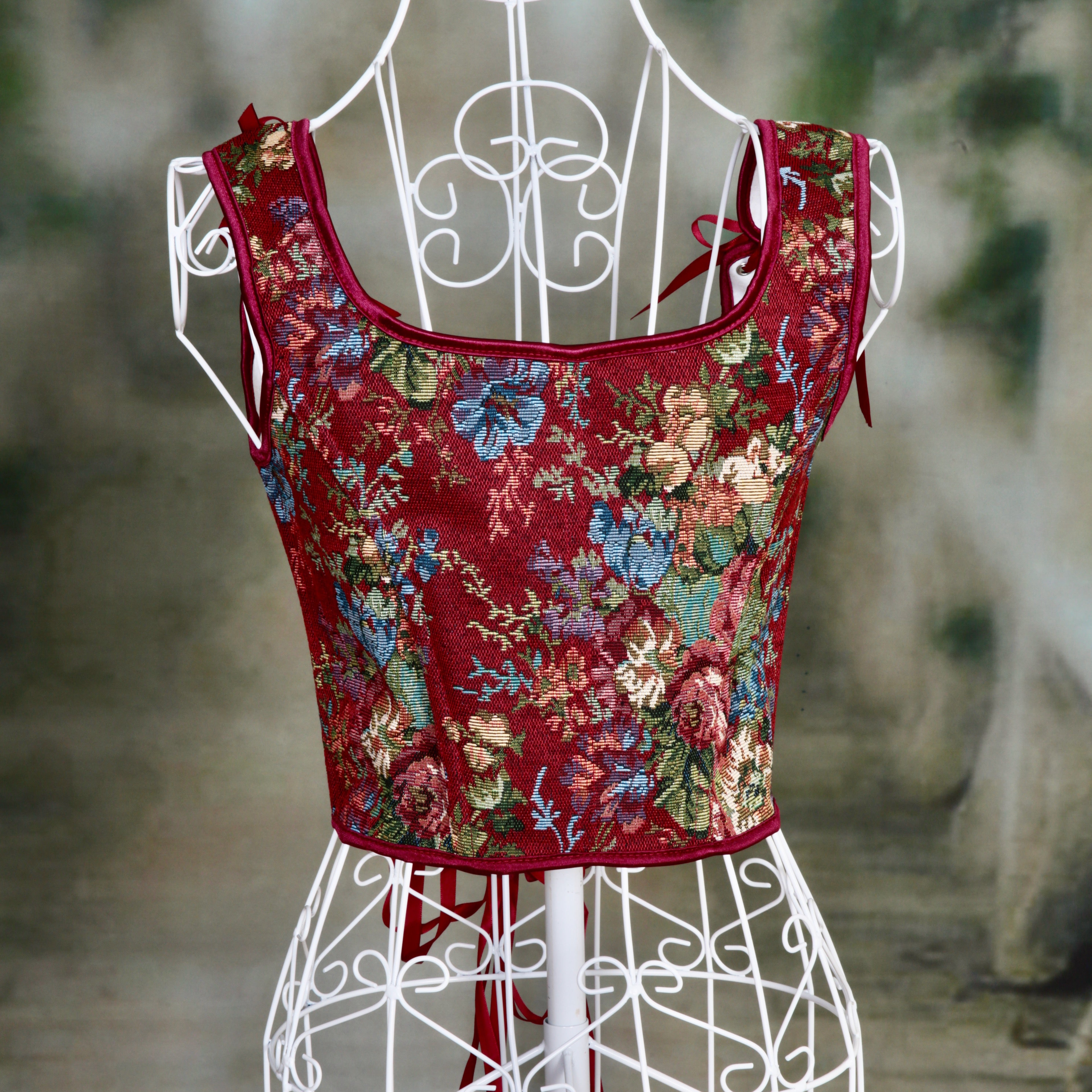 Overbust Corset. Beautiful Red Floral Square Neck. Lace tie-up Front Boned Corset, Renaissance Fair Corset, Fairy wings, Steampunk.